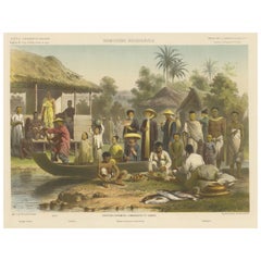Grande estampe ancienne de costumes vietnamiens, cambodgiens et birmans