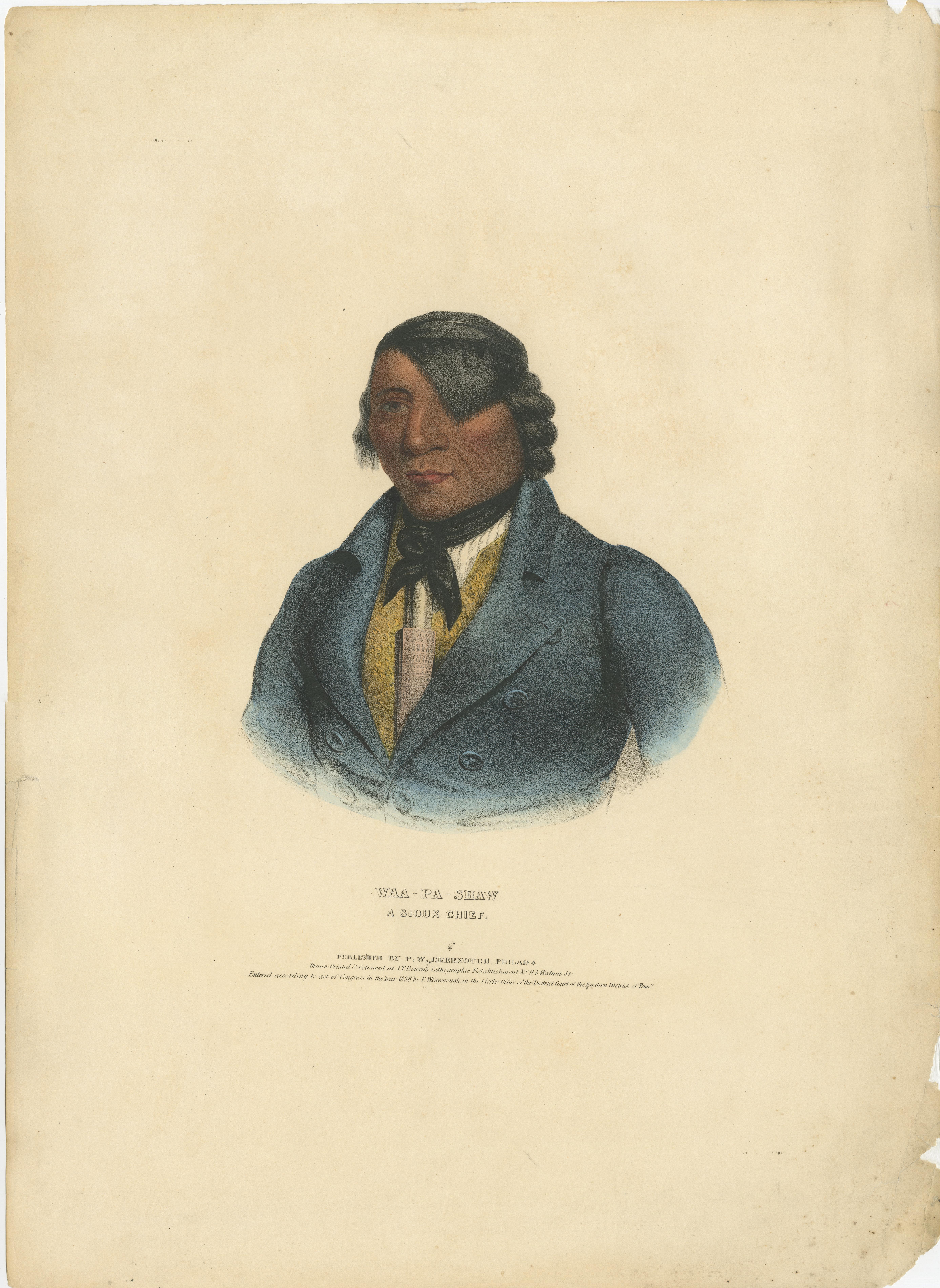 Large Antique Print of Waa-Pa-Shaw, a Sioux Chief, circa 1838 In Fair Condition For Sale In Langweer, NL