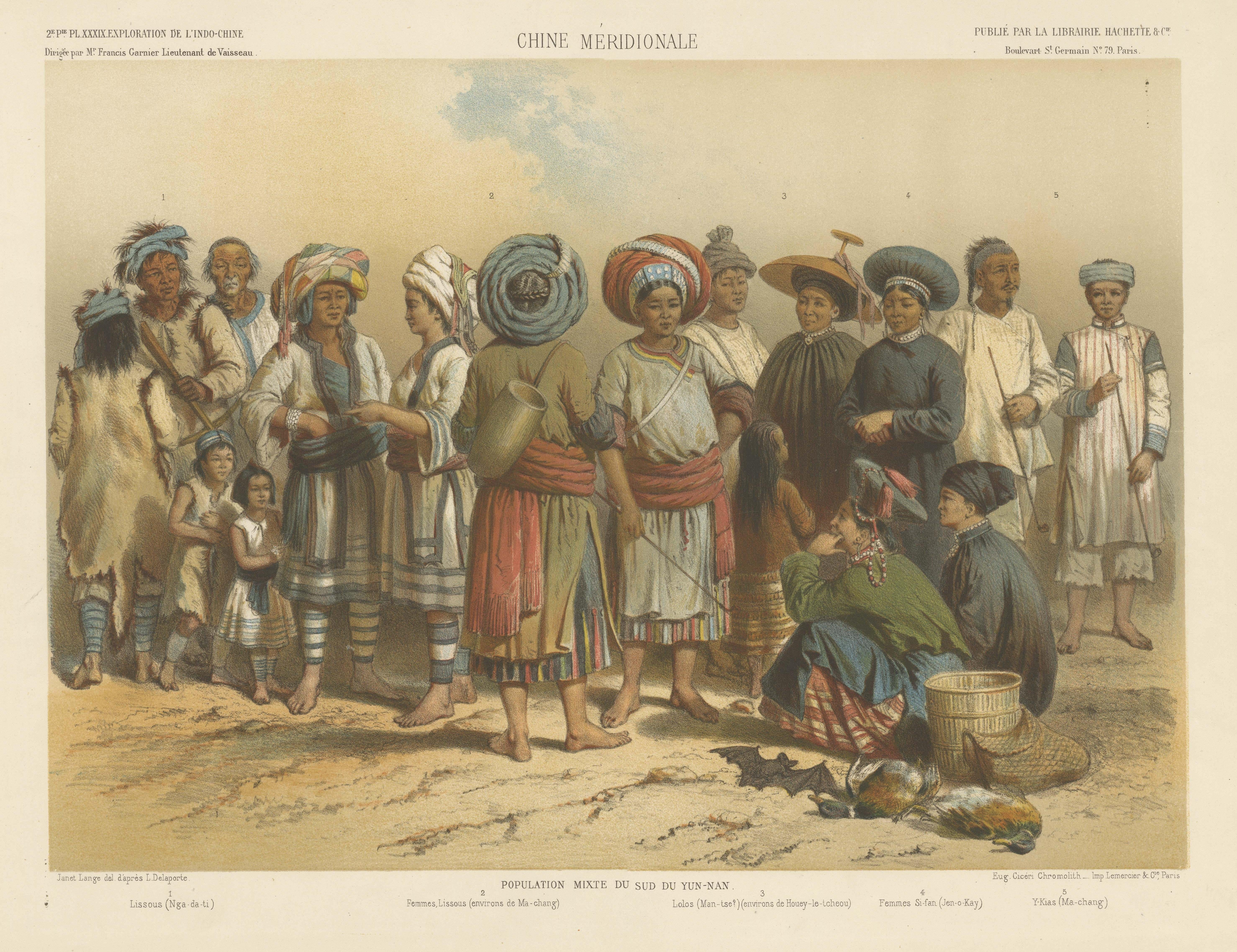 Large Antique Print with mixed populations of Yunnan, including Yi People, China In Good Condition For Sale In Langweer, NL