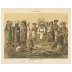 Grande estampe ancienne avec des populations mixtes du Yunnan, sud-ouest de la Chine
