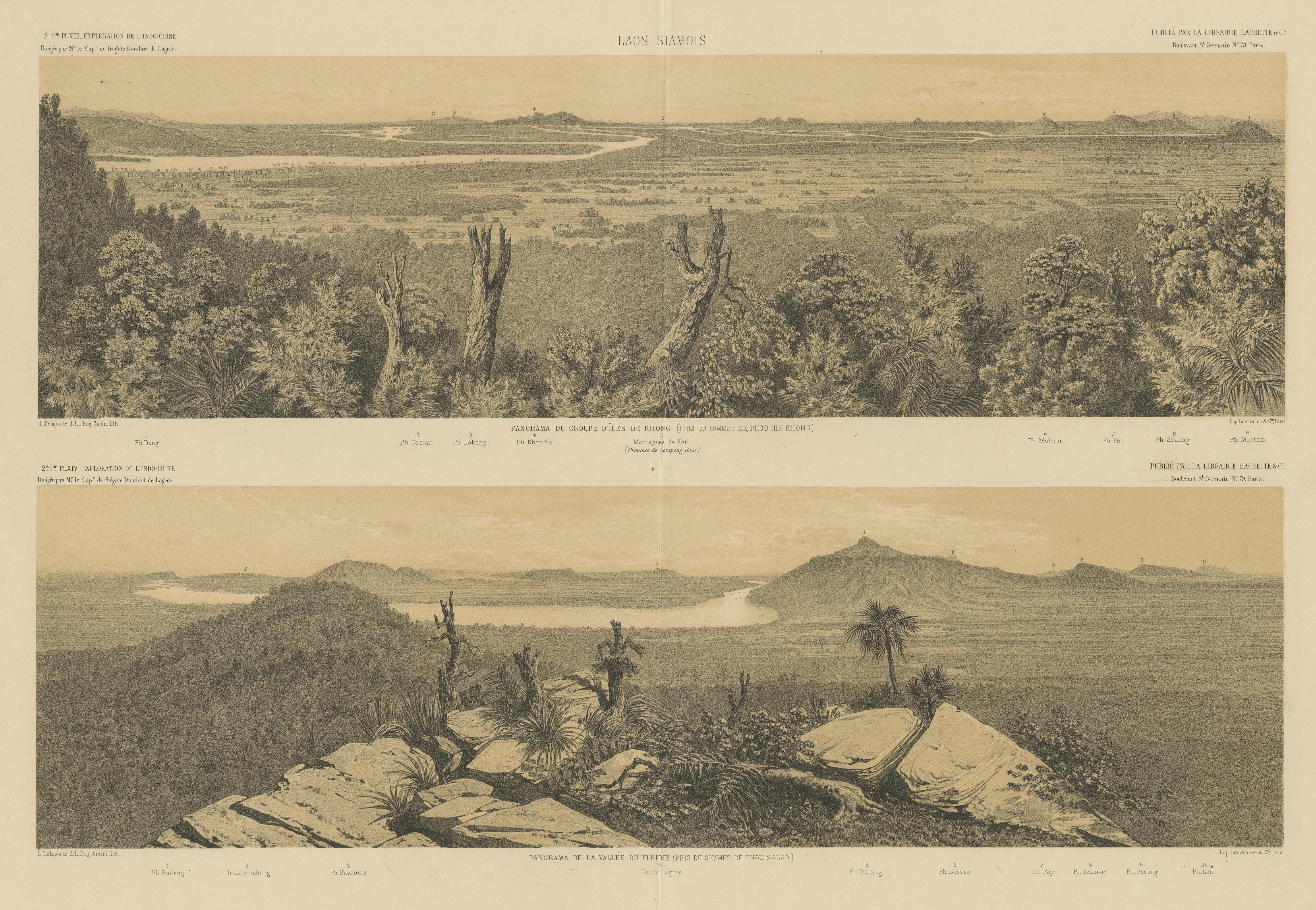 Large Antique Print with panoramic views of Khong Island and a Valley, Laos In Good Condition For Sale In Langweer, NL