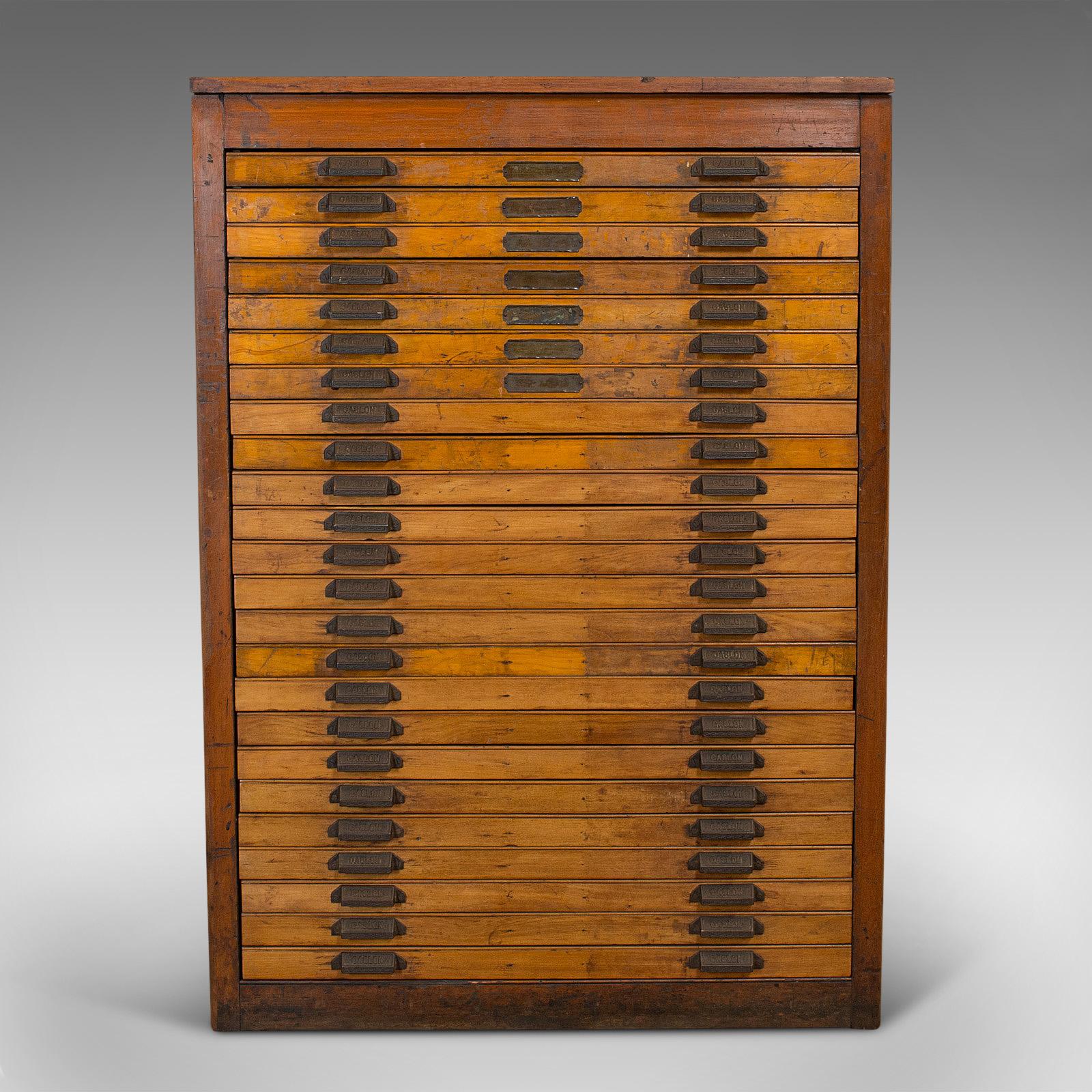This is a large antique printer's cabinet. An English, rare pitch pine industrial typeface chest, ideal as a plan chest, specimen or art vault with maker's mark for Caslon Printers, dating to the late 19th century, circa 1900.

A fascinating