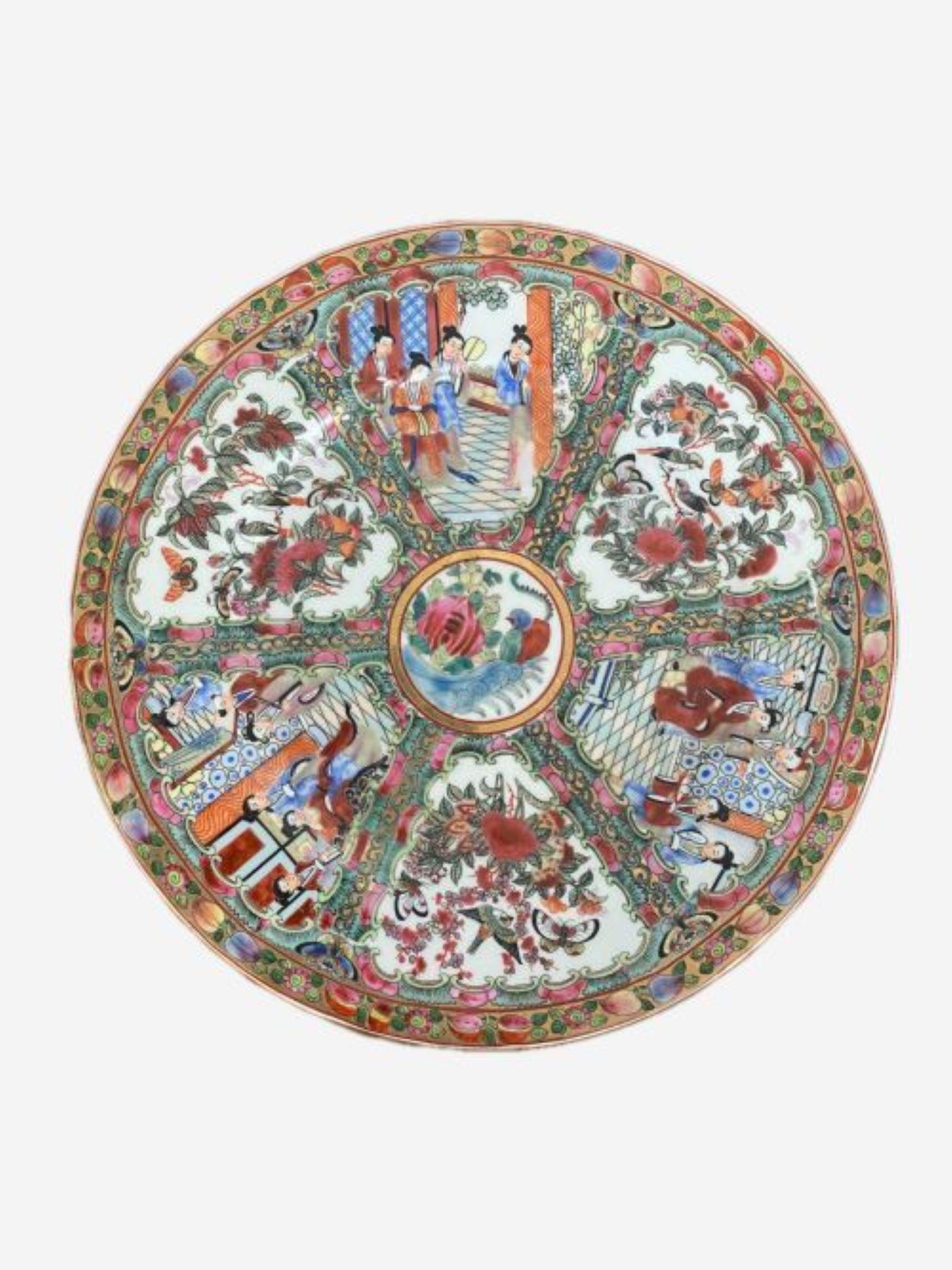 Large antique quality Chinese canton charger, having quality hand painted panels with flowers, leaves, trees, people, birds and butterflies in wonderful red, blue, green, brown, yellow, white and gold colours.