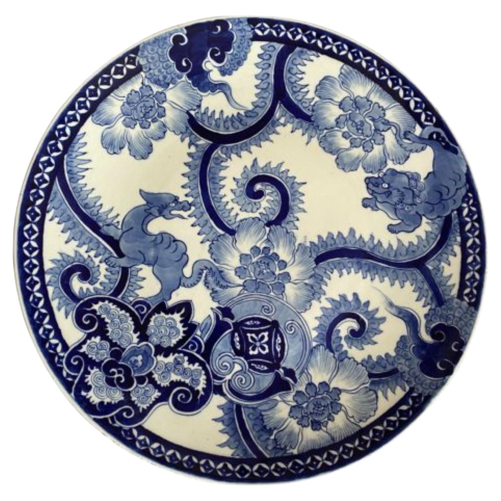 Large Antique Quality Japanese Blue & White Imari Plate For Sale
