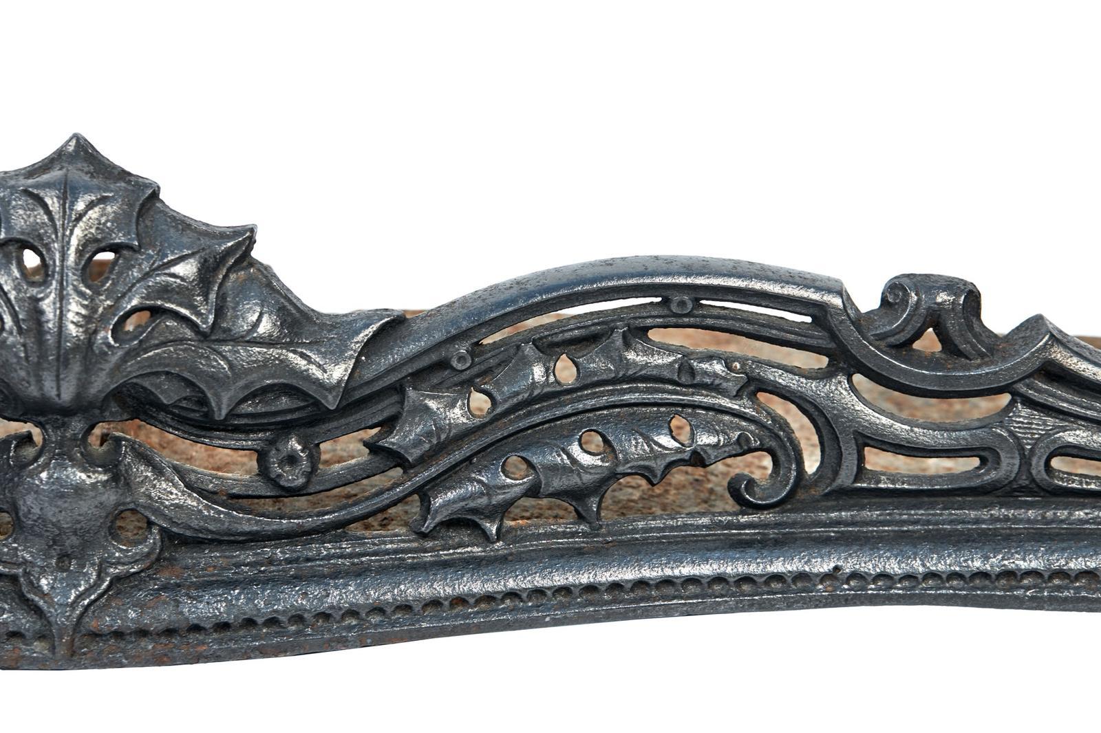 Fantastique pare-feu en fonte géorgien ancien de forme serpentine avec des détails ornés, équipé de deux supports figuratifs sur les côtés.