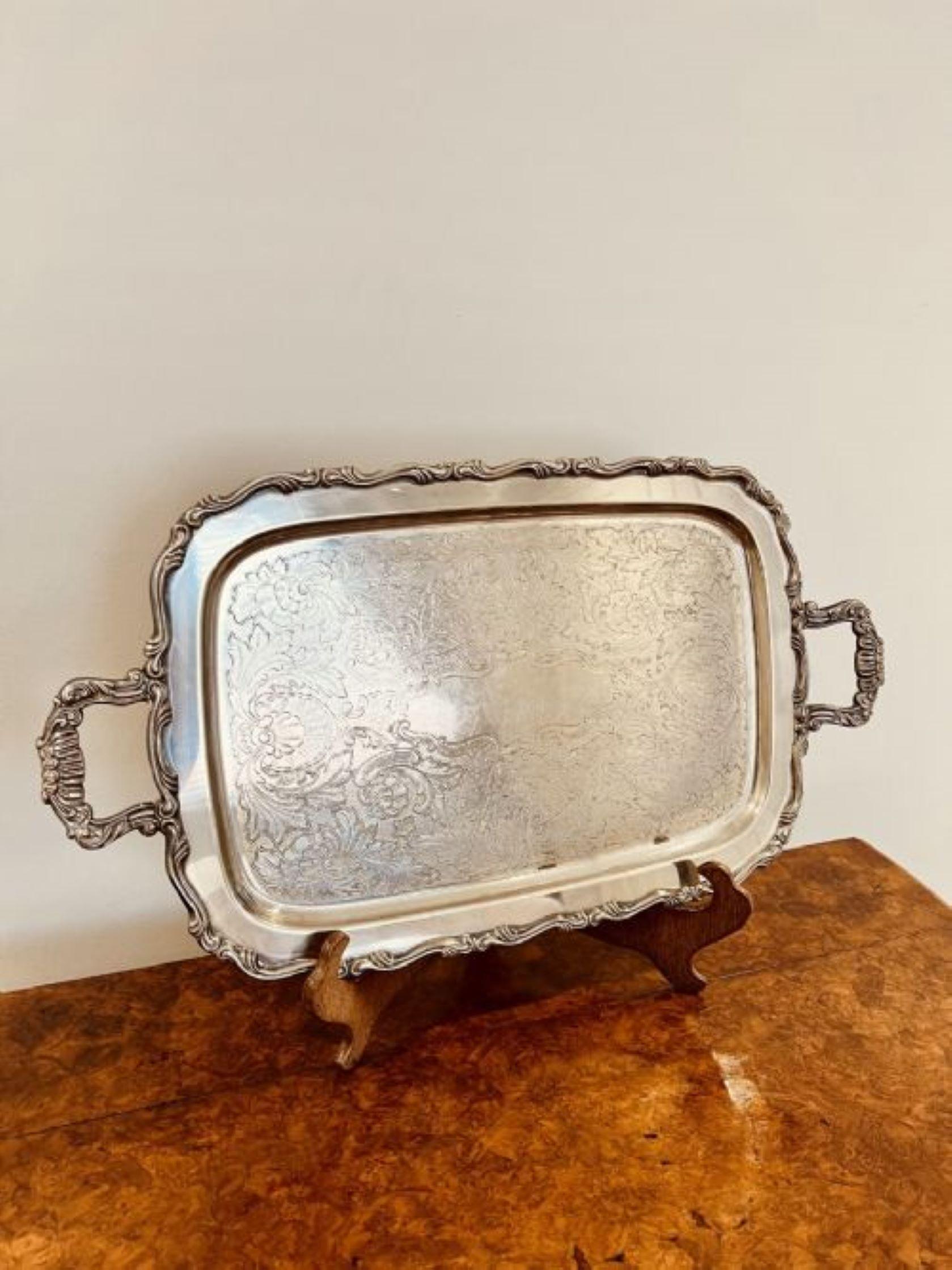 20th Century Large antique quality silver plated engraved tea tray For Sale
