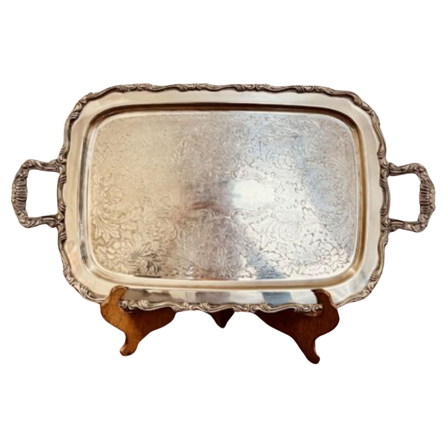 Large antique quality silver plated engraved tea tray For Sale