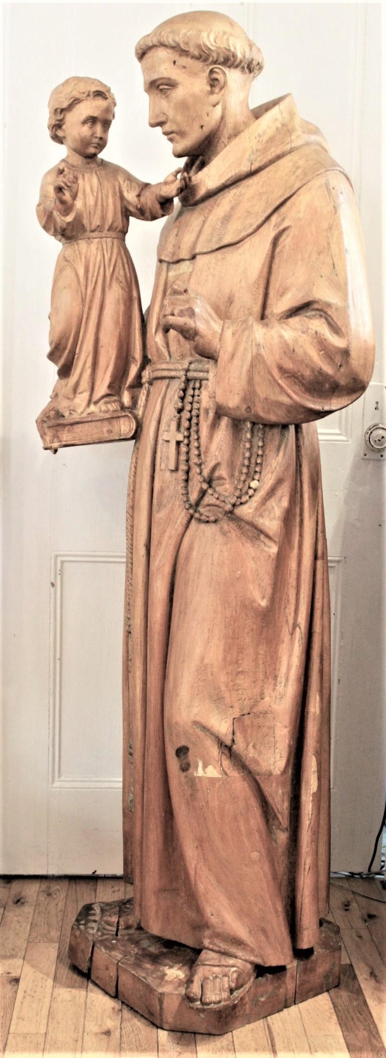 Large Antique Quebec Hand Carved Wooden Sculpture of St. Anthony and