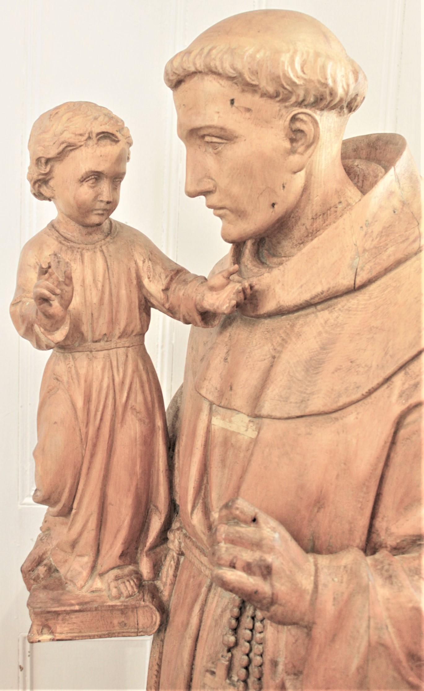 19th Century Large Antique Quebec Hand Carved Wooden Sculpture of St. Anthony & Jesus For Sale
