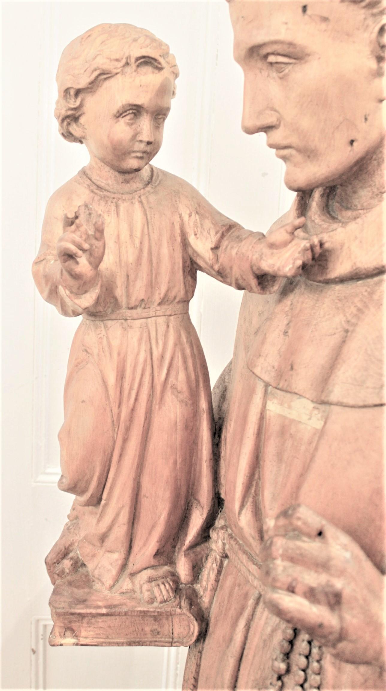 Pine Large Antique Quebec Hand Carved Wooden Sculpture of St. Anthony & Jesus For Sale