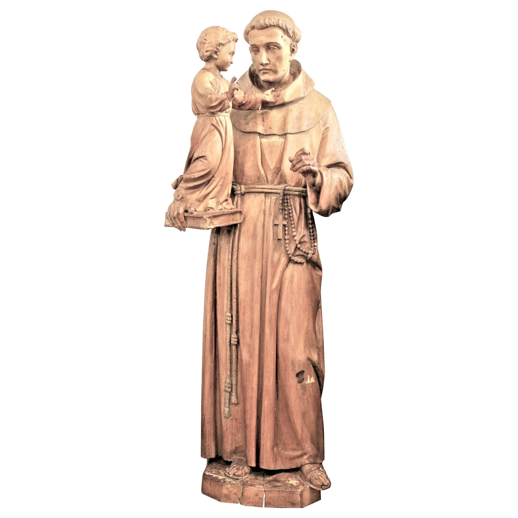 Large Antique Quebec Hand Carved Wooden Sculpture of St. Anthony & Jesus