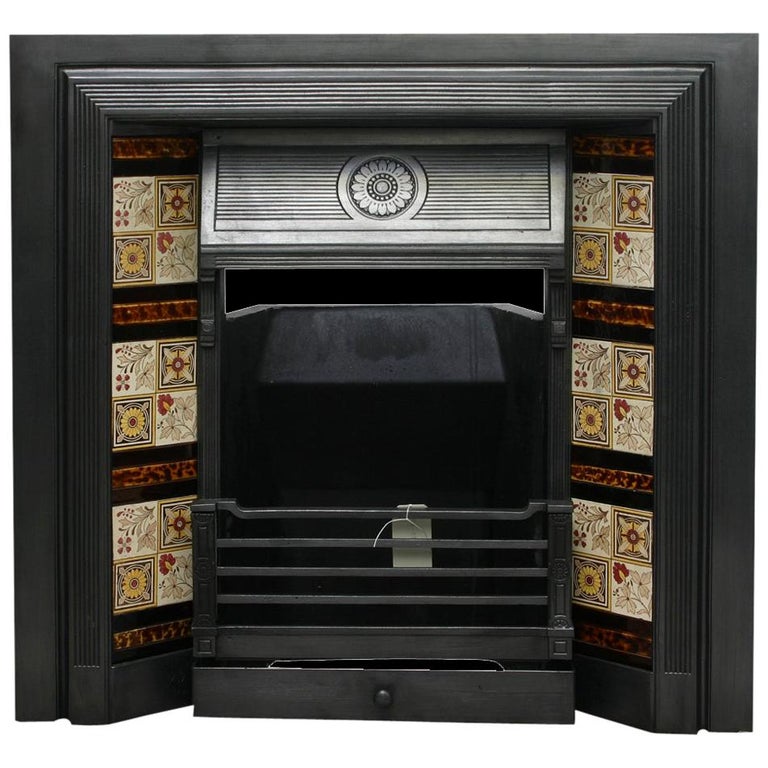 Large Antique Reclaimed Victorian Cast Iron And Tiled Fireplace