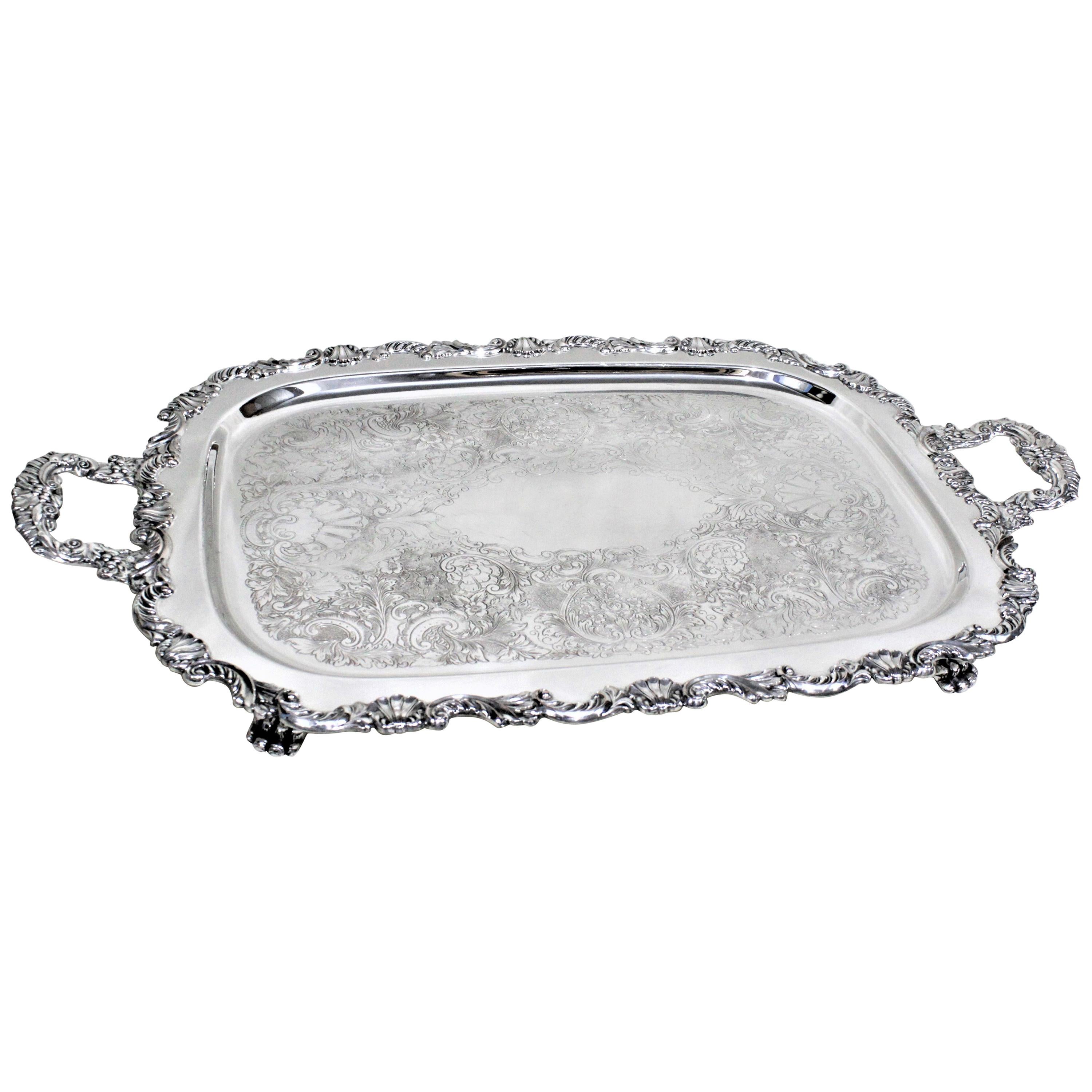 Large Antique Rectangular Footed Silver Plated Serving Tray at 1stDibs |  footed silver tray with handles, large silver plated serving tray, silver  plated footed serving tray