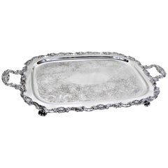 Large Antique Rectangular Footed Silver Plated Serving Tray