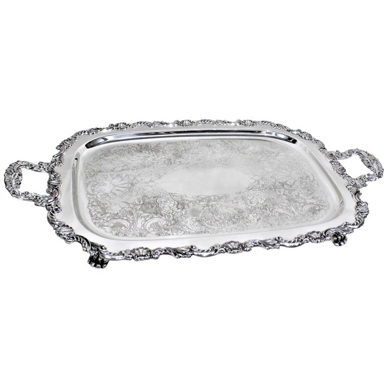 Large Antique Rectangular Footed Silver Plated Serving Tray at 1stDibs