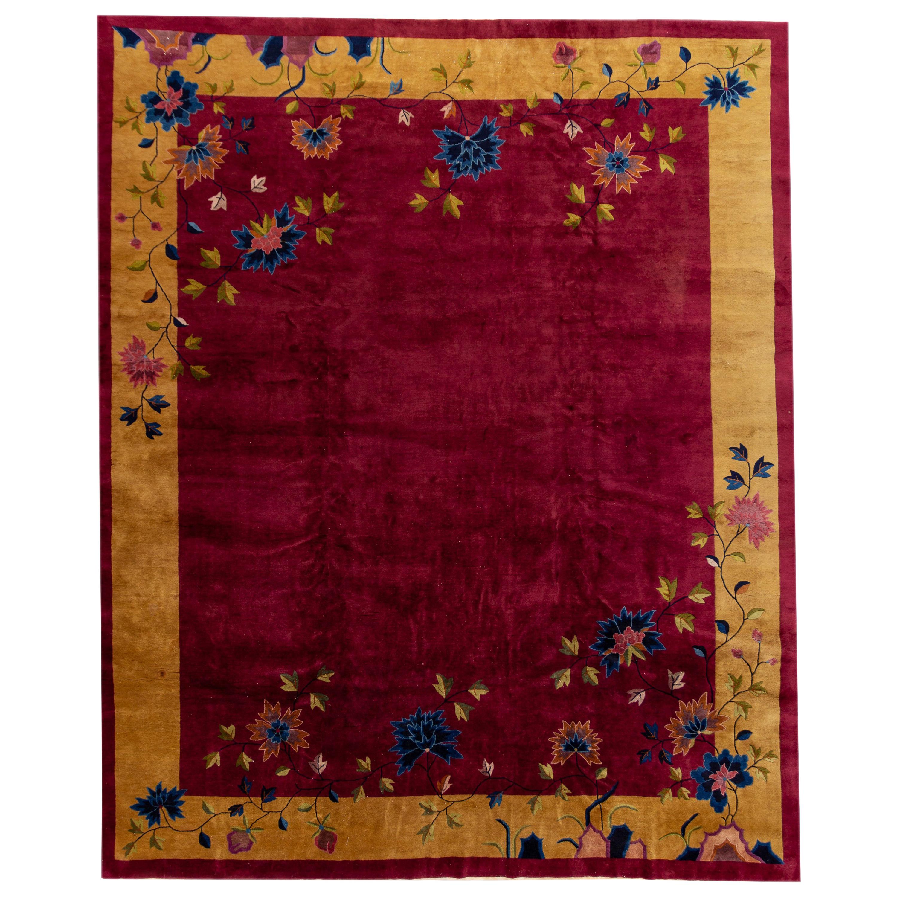 Large Antique Red Chinese Deco Wool Rug For Sale