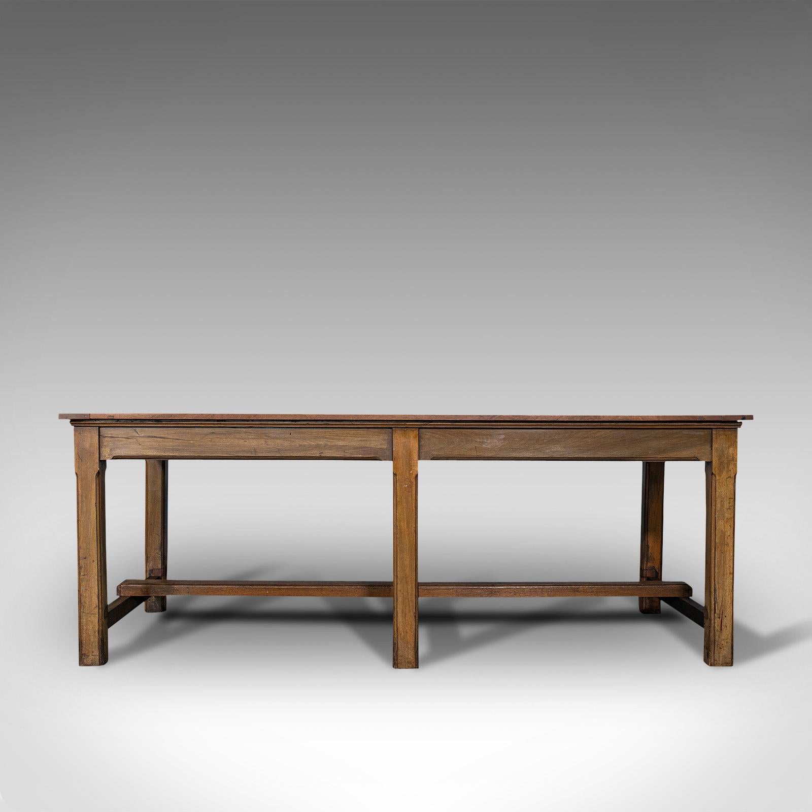 This is a large antique refectory table. An English, solid teak and mahogany table for 8-10 people with industrial taste, dating to the Victorian period and later, circa 1900.

Wonderful proportion and beautiful natural finish
Displaying a
