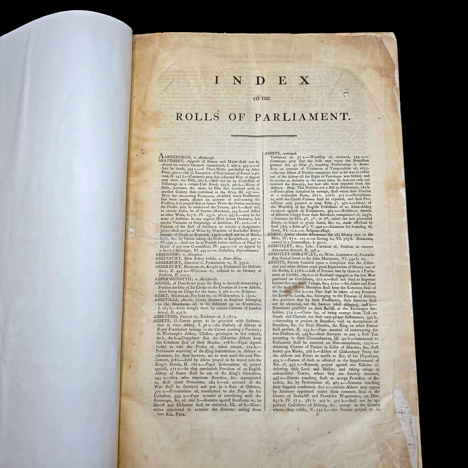 Grand livre de référence ancien, index, rouleaux du Parlement, anglais, William IV Bon état - En vente à Hele, Devon, GB