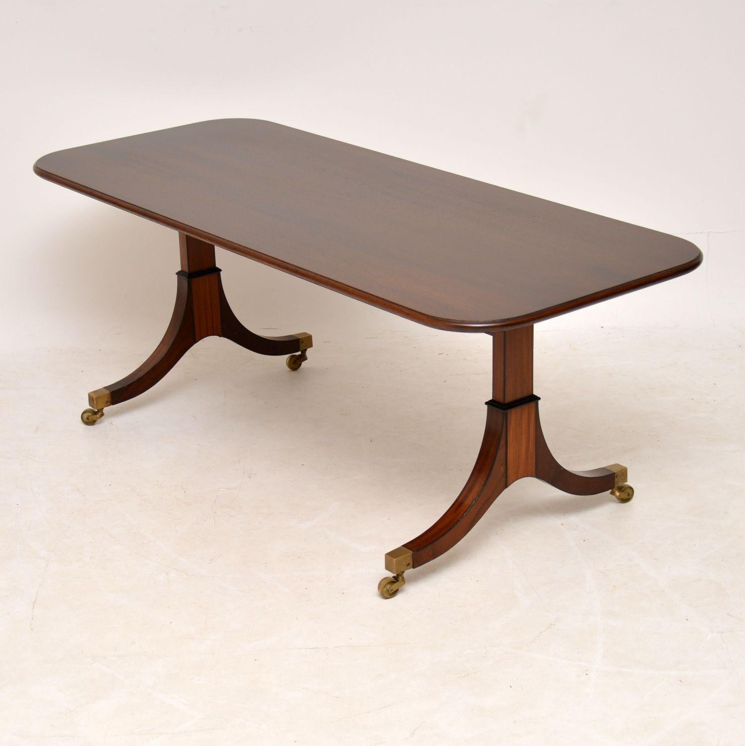 This antique Regency style coffee table is solid mahogany and very large, so please check the measurements. They are extremely hard to find this size and I’m always being asked for coffee tables of these proportions. It’s very fine quality and has a