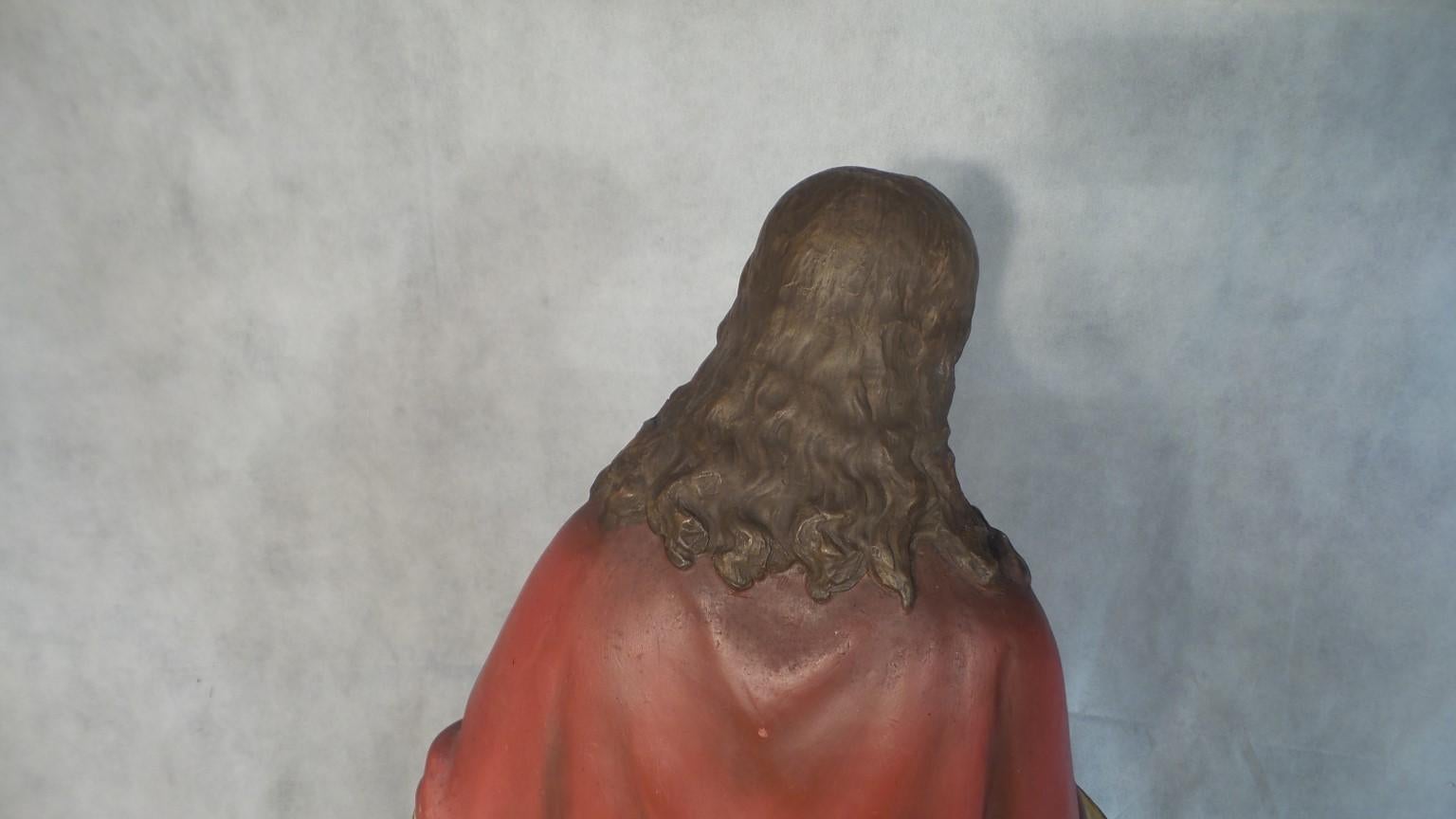 Large Antique Religious Church Statue Jesus Christ sacred Heart in Terracotta For Sale 7