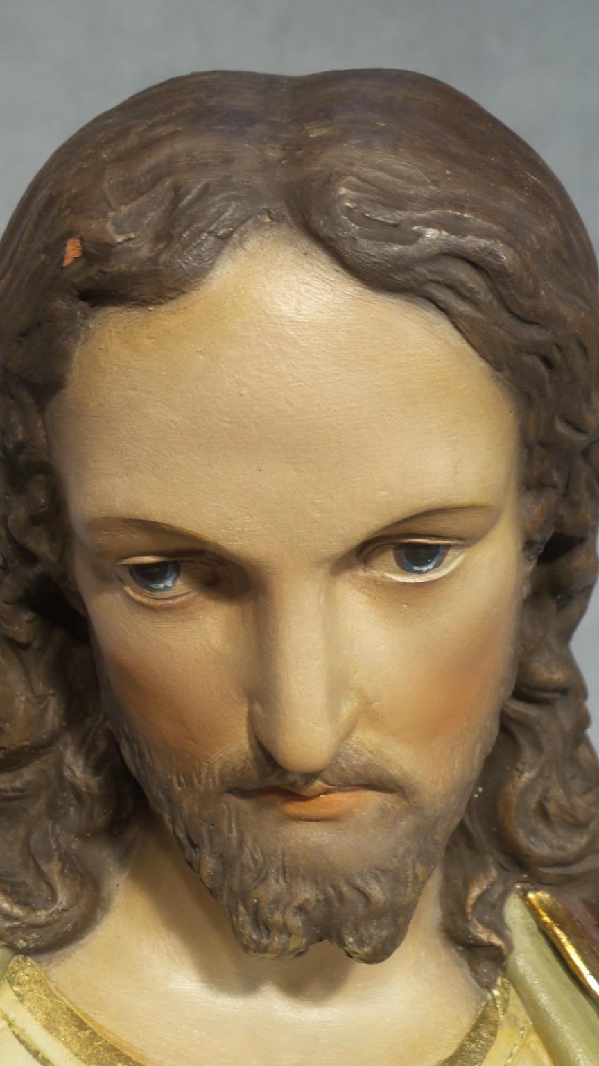 French Large Antique Religious Church Statue Jesus Christ sacred Heart in Terracotta For Sale