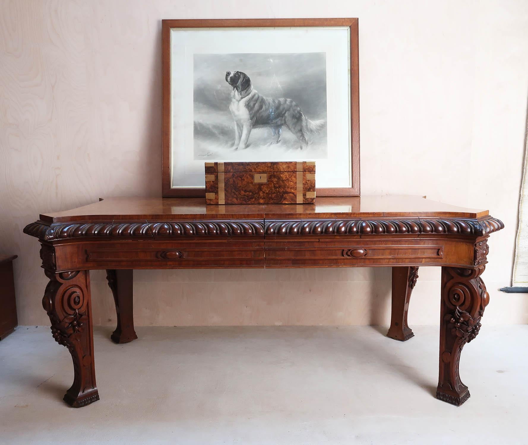 Wonderful pollard or burr oak table

Beautiful veneered top and solid pollard oak carved legs

Possibly Scottish. I have seen similar bold gadrooning on another Scottish table

It is freestanding so it can be used as a centre or library table.