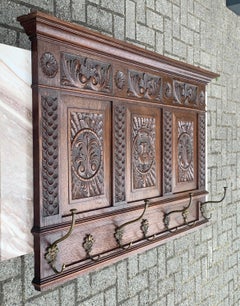 Large Antique Renaissance Revival Quality Oak and Cast Bronze Wall Coat Rack