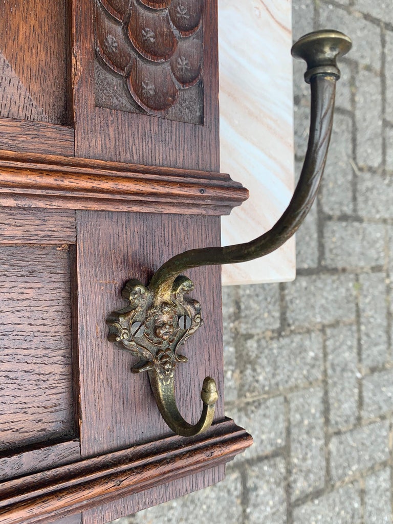 Large Antique Renaissance Revival Quality Oak and Cast Bronze Wall Coat