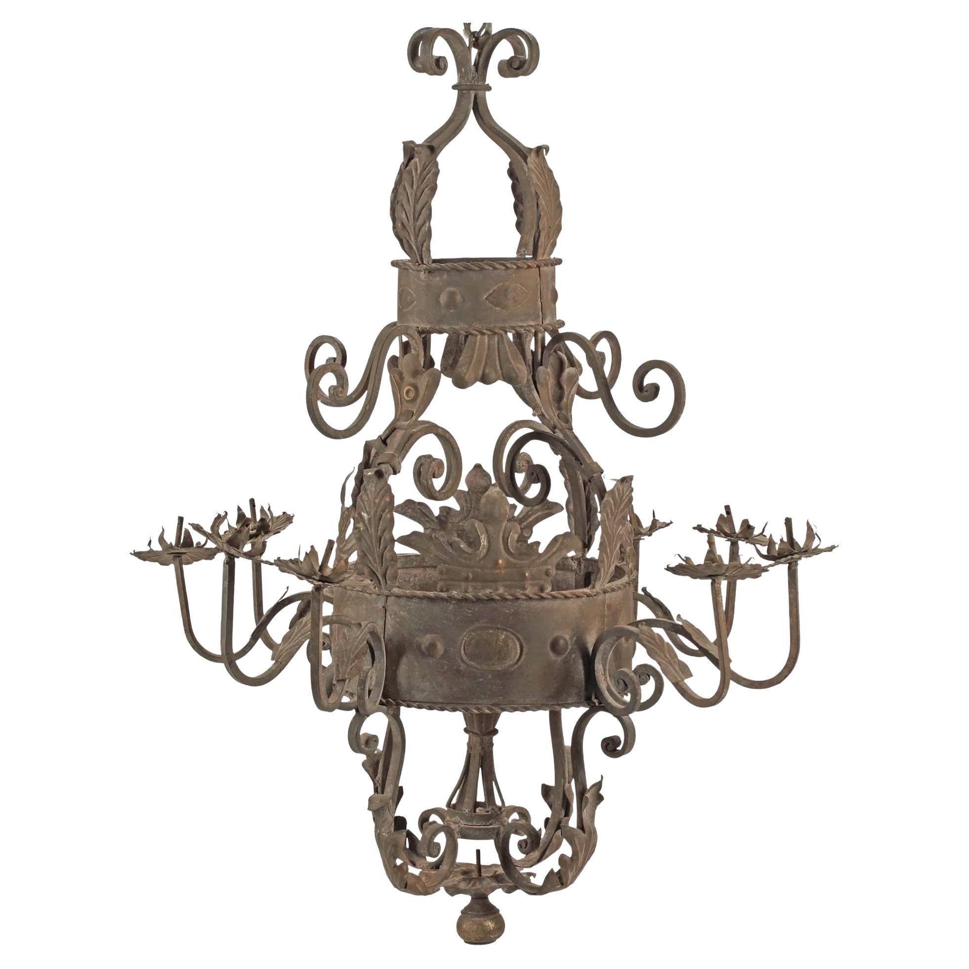 Large Antique Renaissance Style Wrought Iron 8-Lt Chandelier