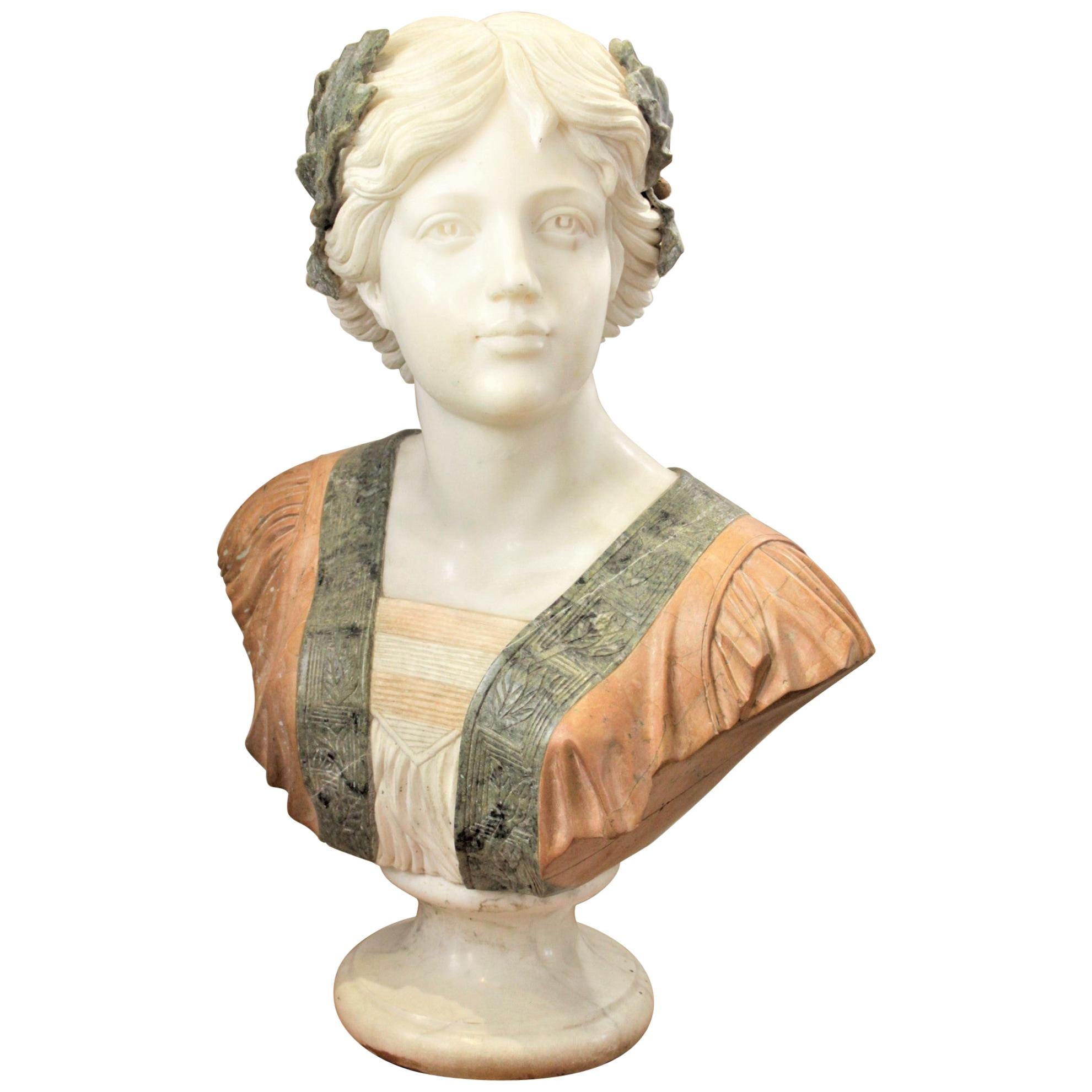 Large Antique Renaissance Styled Hand Carved Marble Female Sculpture or Bust