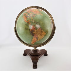 Gran globo terráqueo de biblioteca antiguo de Replogle, con marco de latón, base de madera y patas en forma de garra
