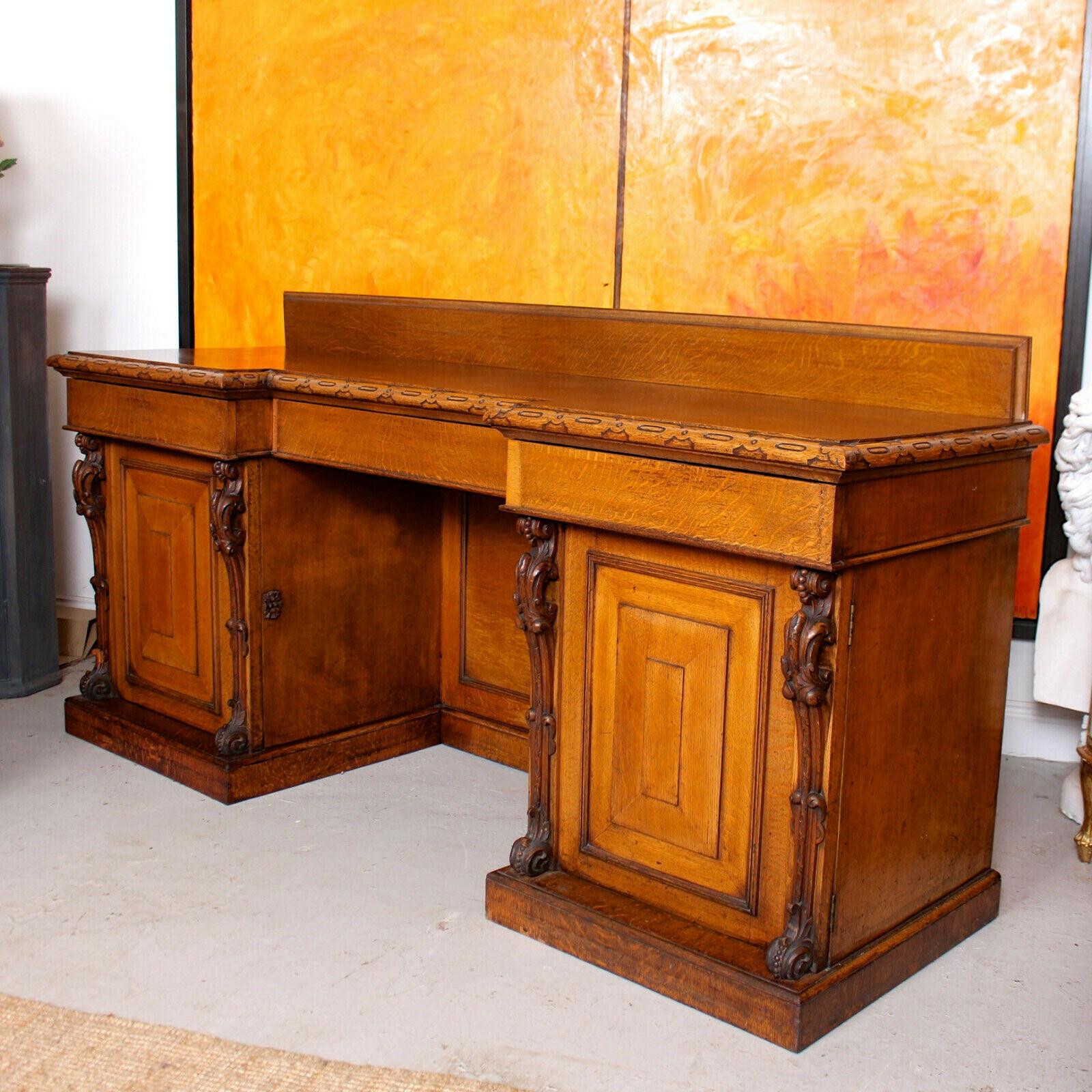 English Large Antique Reverse Breakfront Oak Sideboard Desk For Sale