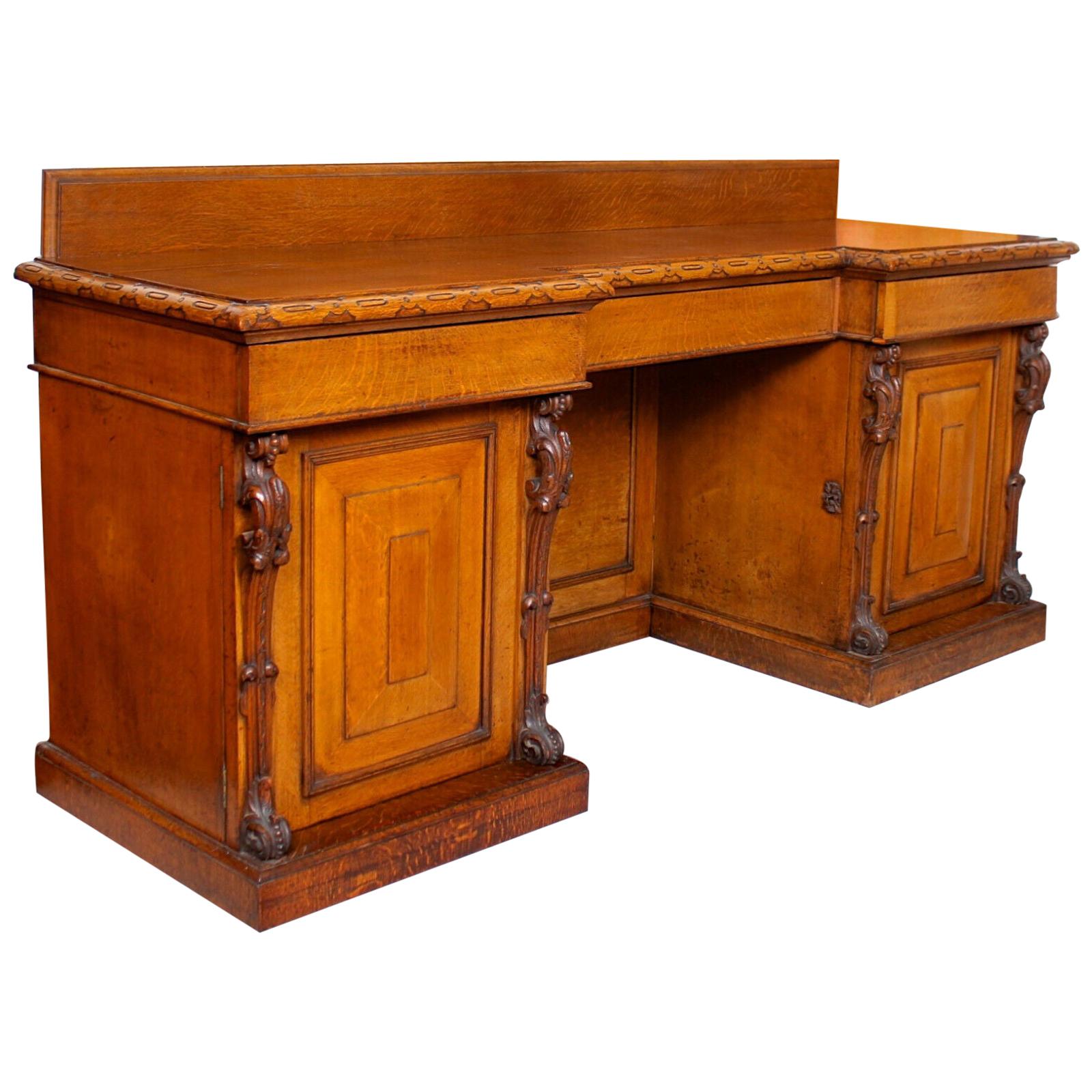 Large Antique Reverse Breakfront Oak Sideboard Desk For Sale