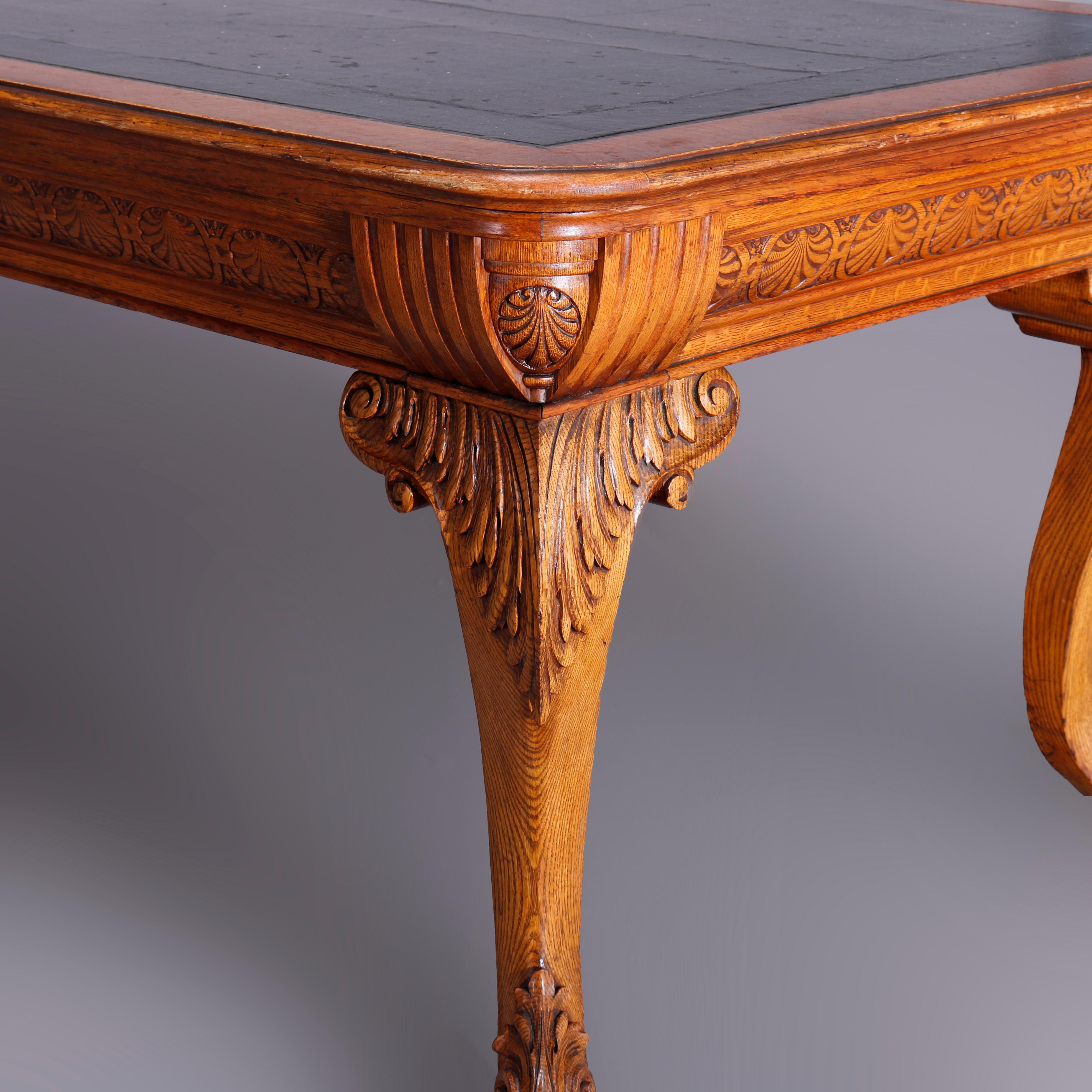 Large Antique RJ Horner School Carved Oak & Leather Top Conference Table, c1900 5