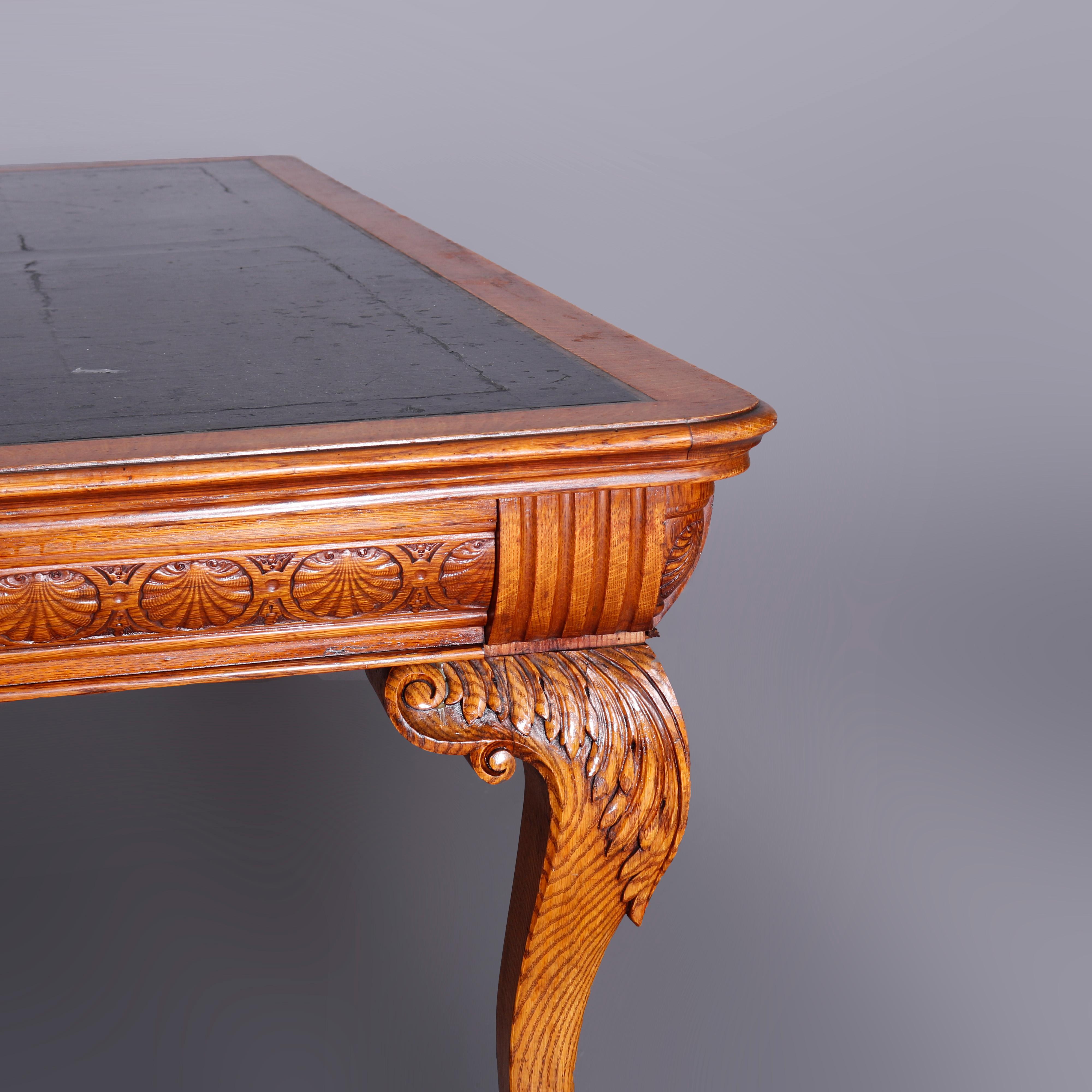 Large Antique RJ Horner School Carved Oak & Leather Top Conference Table, c1900 8
