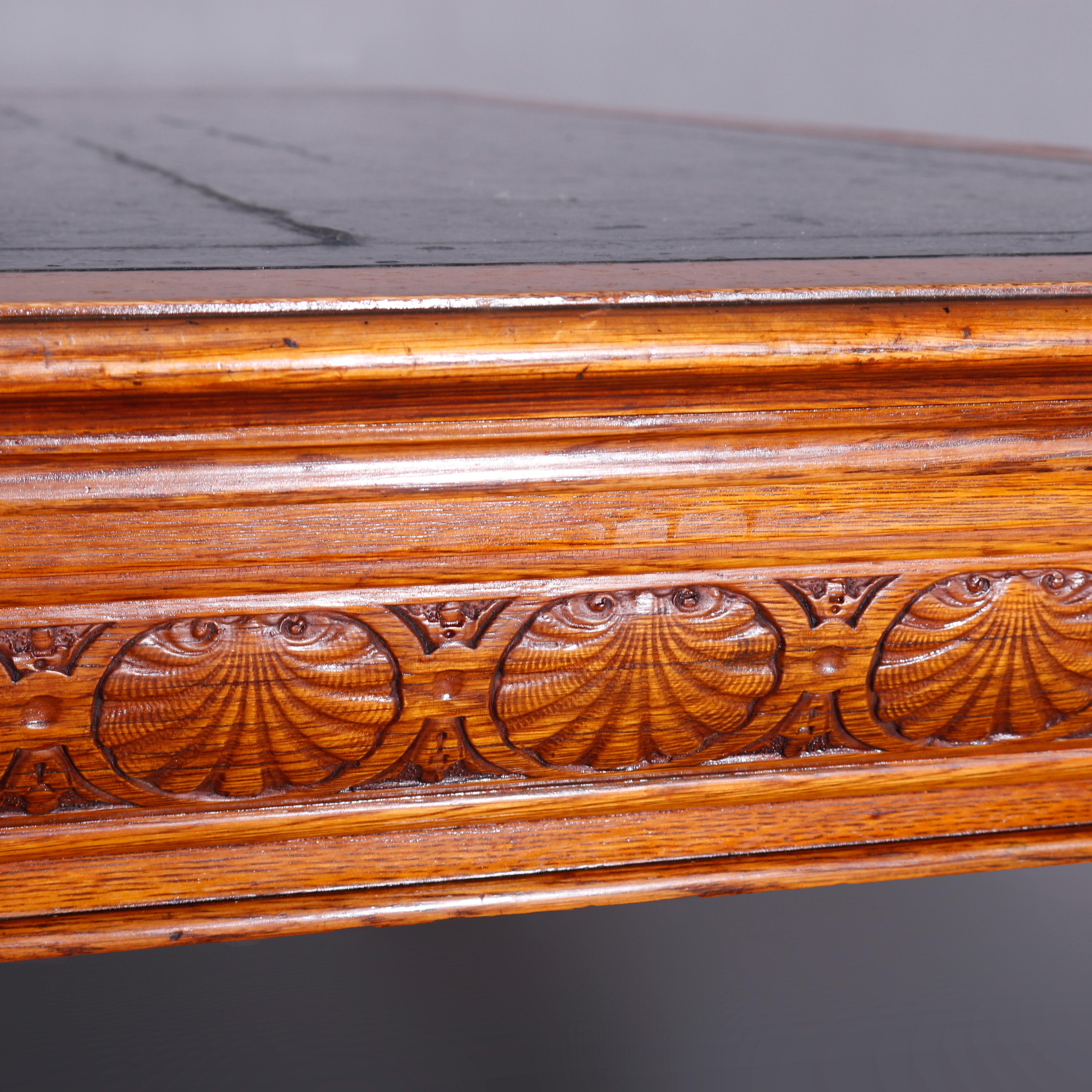 Large Antique RJ Horner School Carved Oak & Leather Top Conference Table, c1900 9