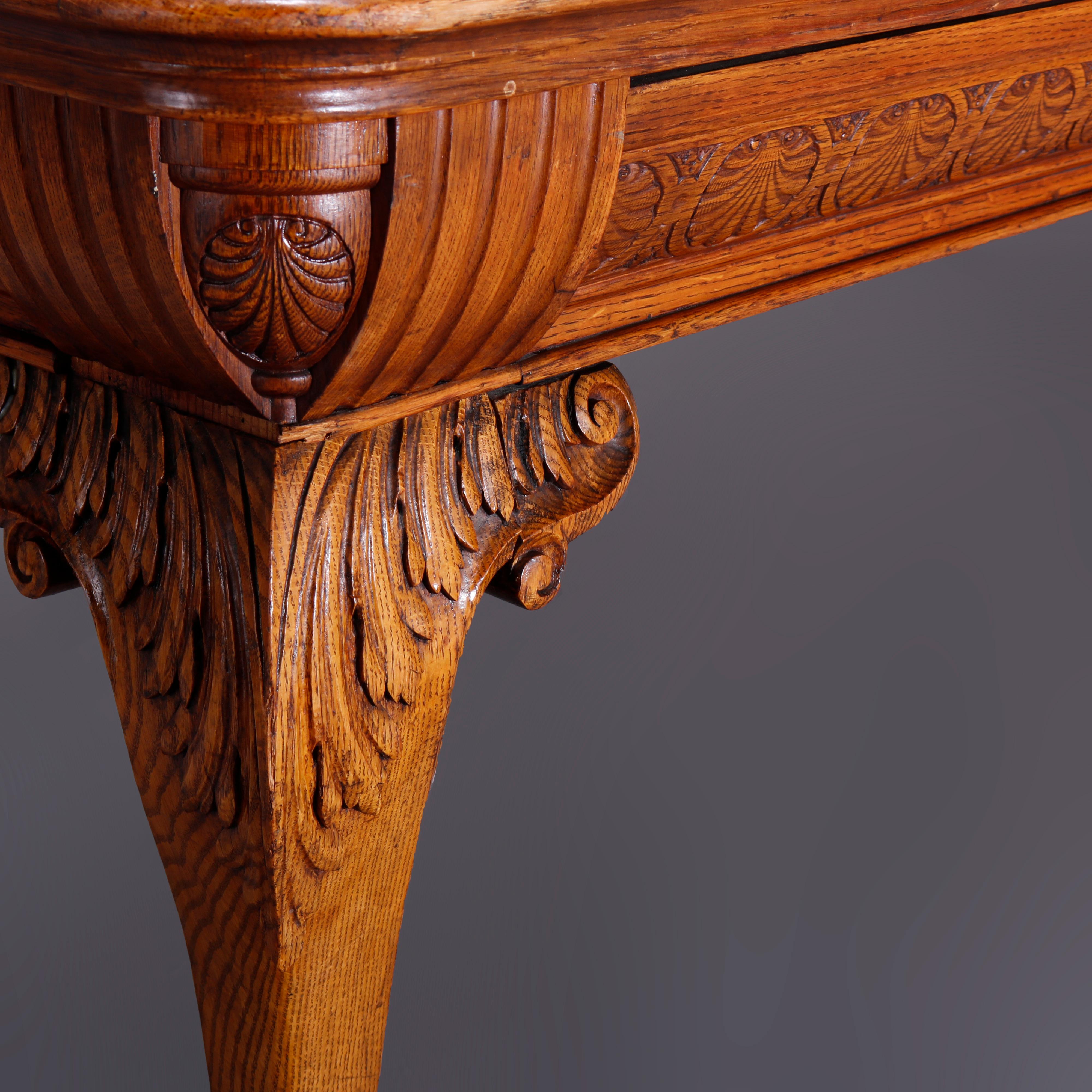 Large Antique RJ Horner School Carved Oak & Leather Top Conference Table, c1900 10