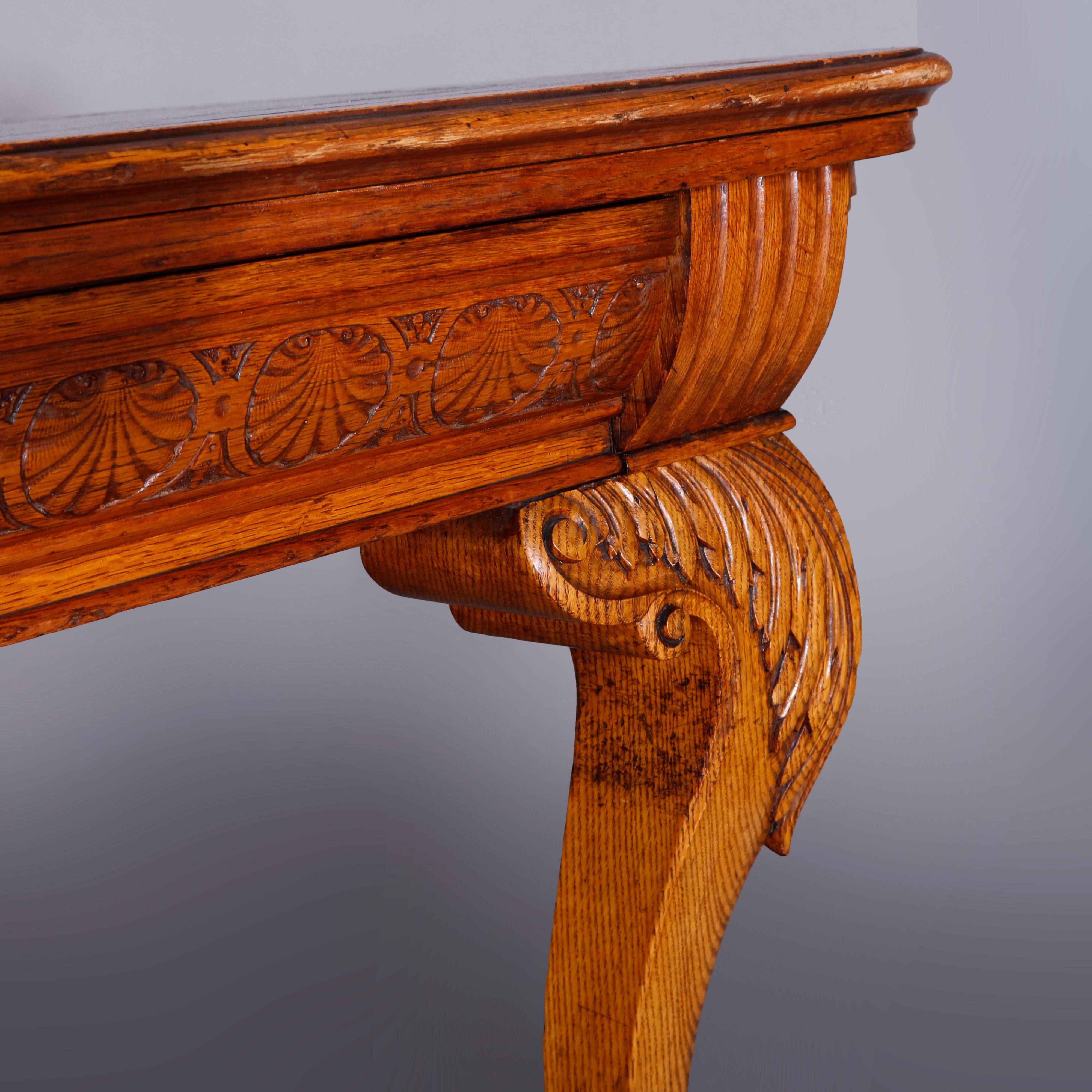Large Antique RJ Horner School Carved Oak & Leather Top Conference Table, c1900 11