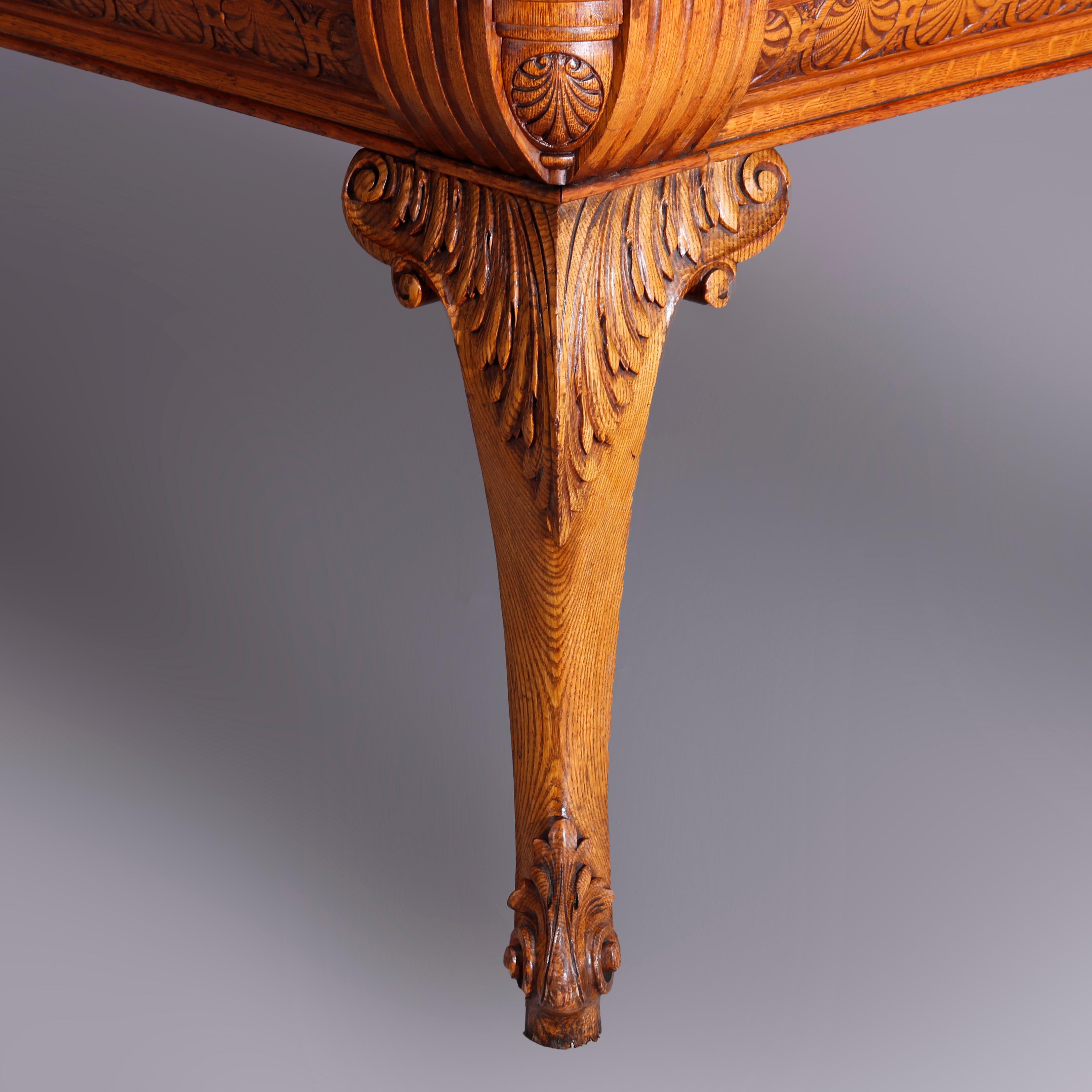 Large Antique RJ Horner School Carved Oak & Leather Top Conference Table, c1900 12