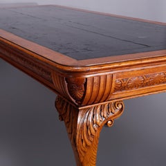 Large Antique RJ Horner School Carved Oak & Leather Top Conference Table, c1900
