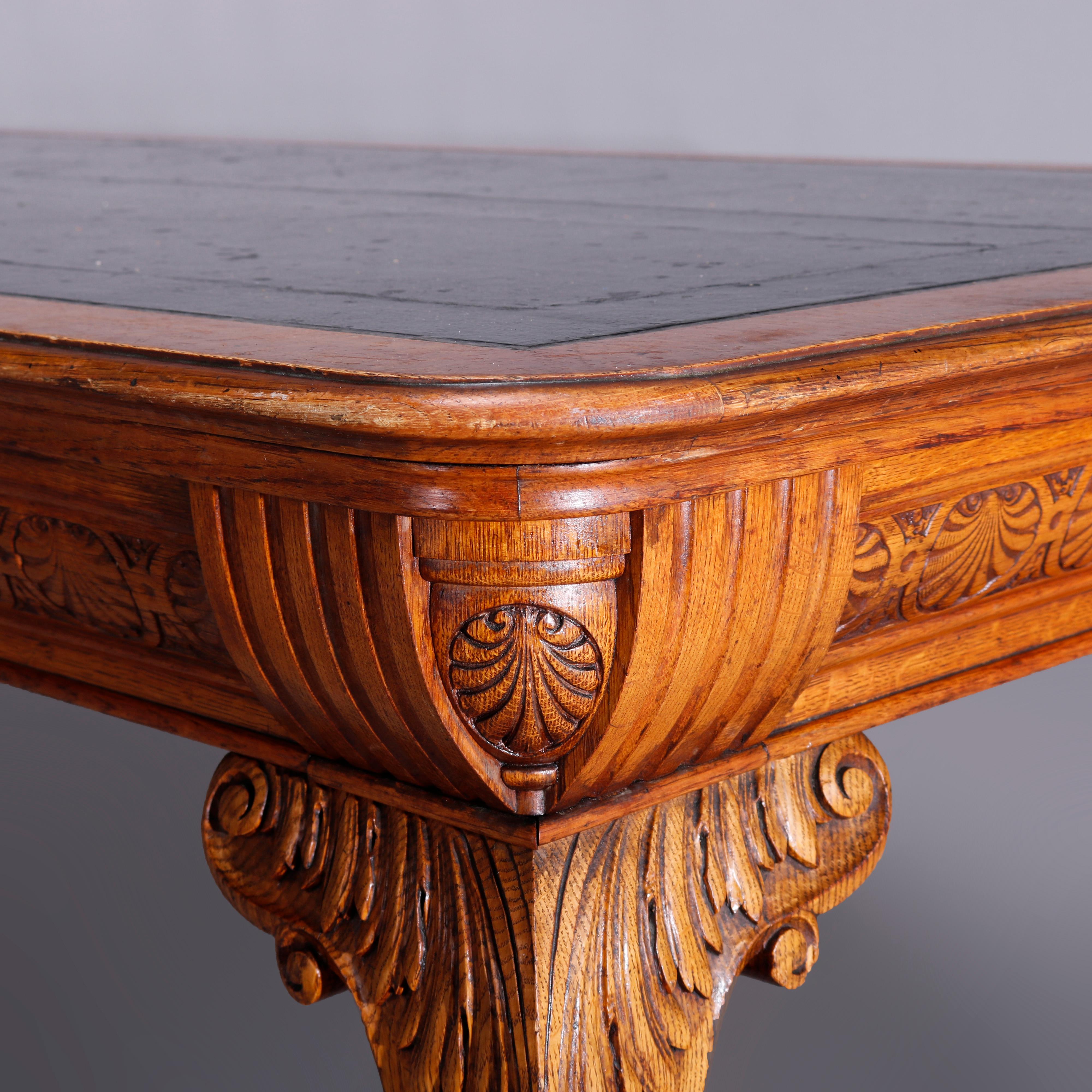 American Large Antique RJ Horner School Carved Oak & Leather Top Conference Table, c1900