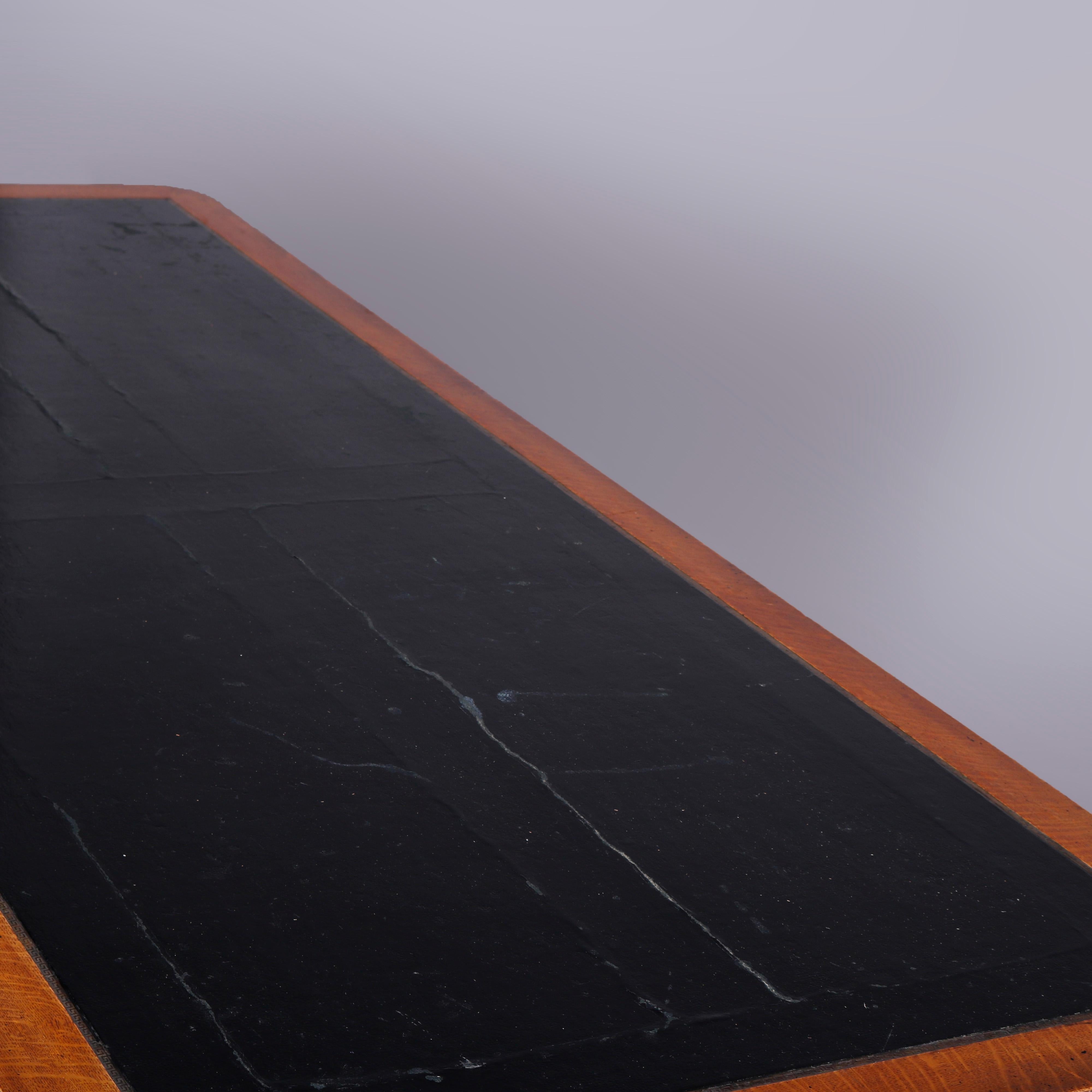 Large Antique RJ Horner School Carved Oak & Leather Top Conference Table, c1900 In Good Condition In Big Flats, NY