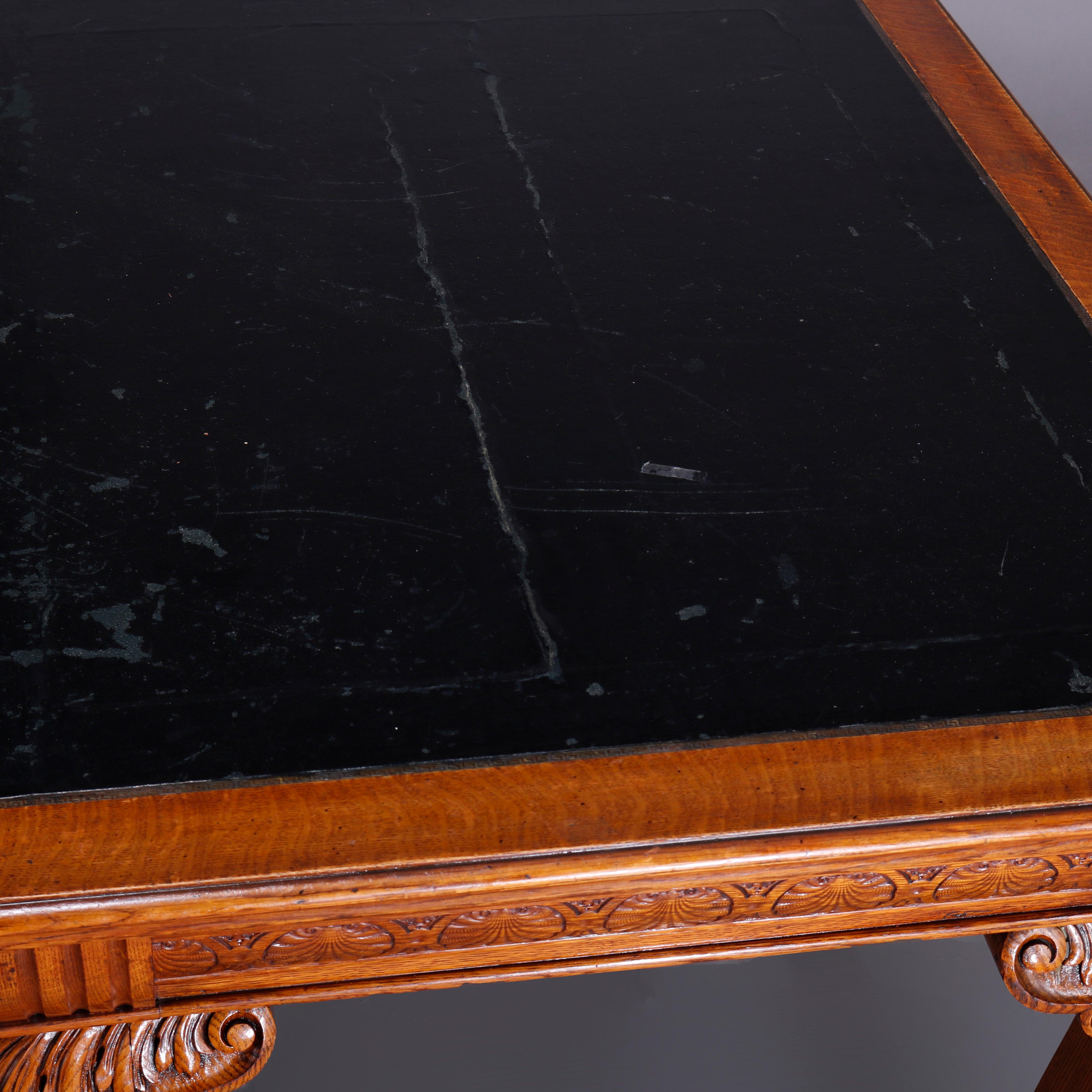 20th Century Large Antique RJ Horner School Carved Oak & Leather Top Conference Table, c1900