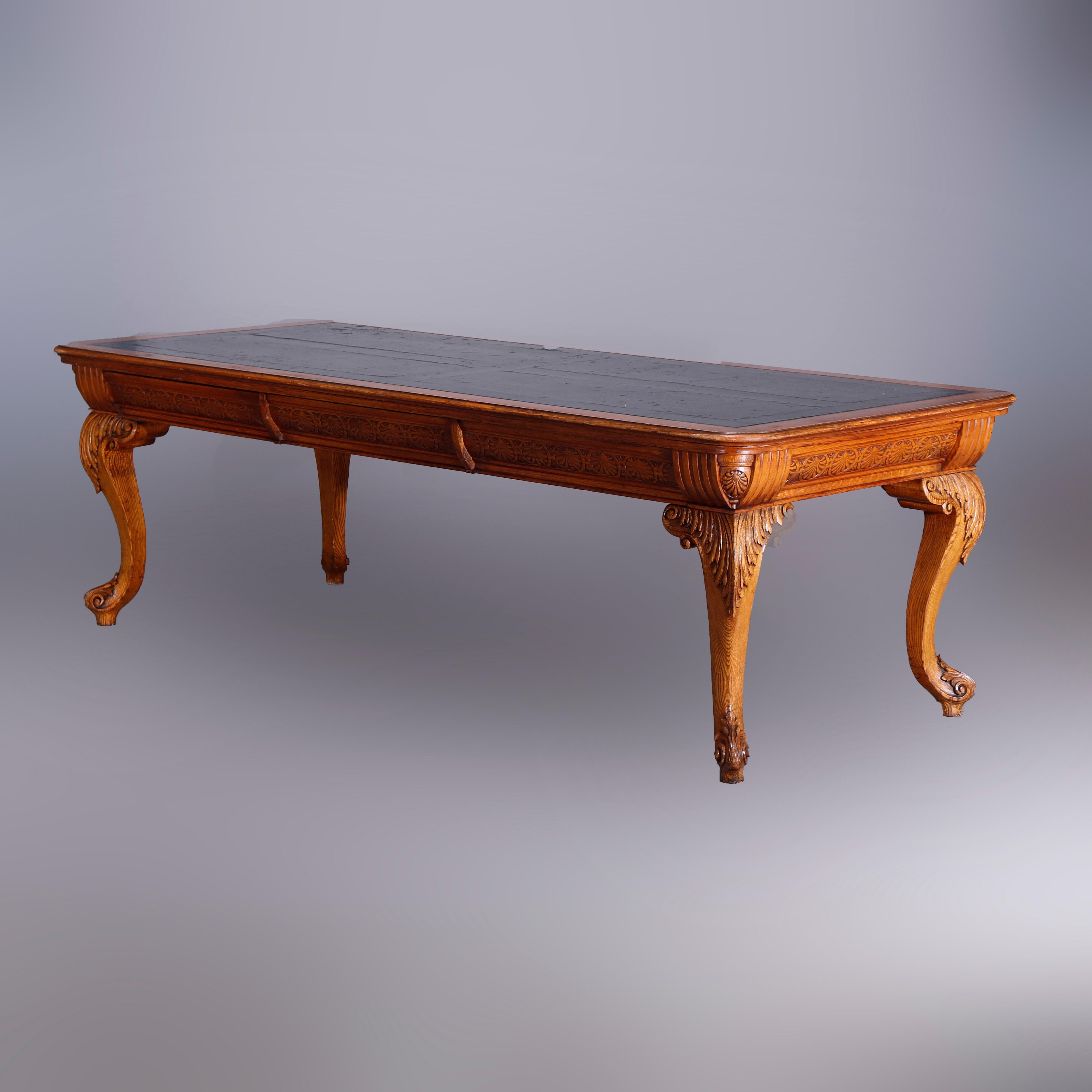 Large Antique RJ Horner School Carved Oak & Leather Top Conference Table, c1900 1
