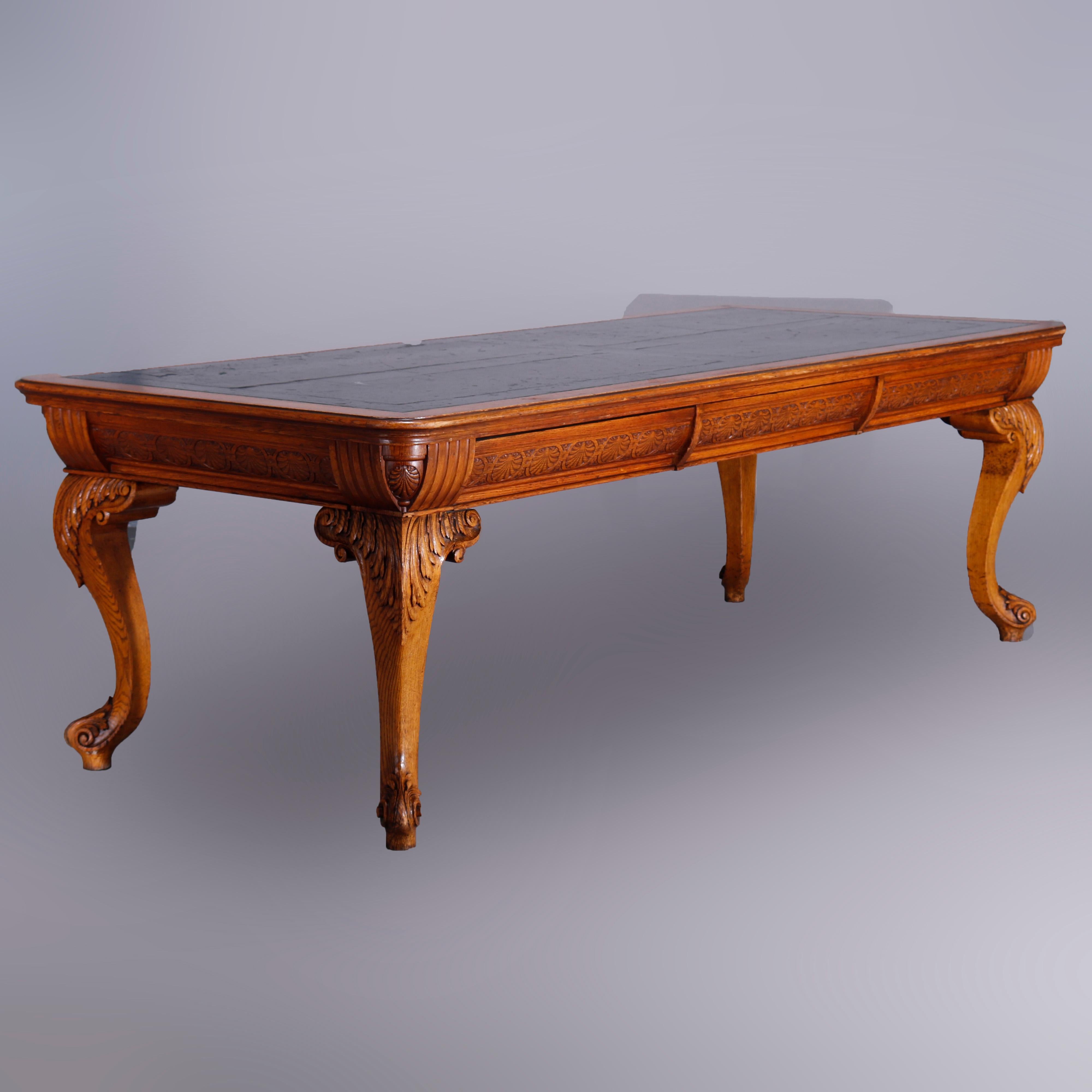 Large Antique RJ Horner School Carved Oak & Leather Top Conference Table, c1900 2
