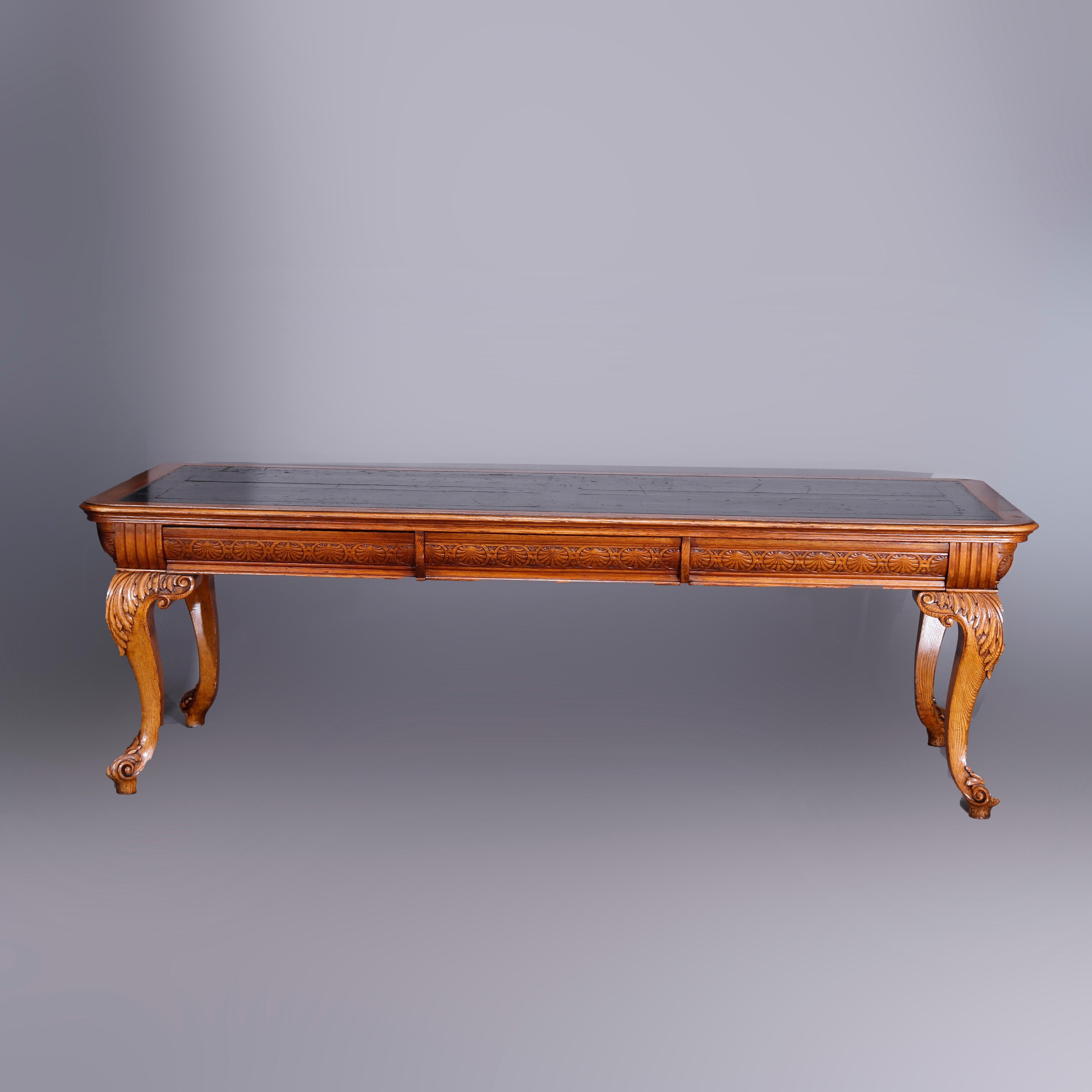 Large Antique RJ Horner School Carved Oak & Leather Top Conference Table, c1900 3
