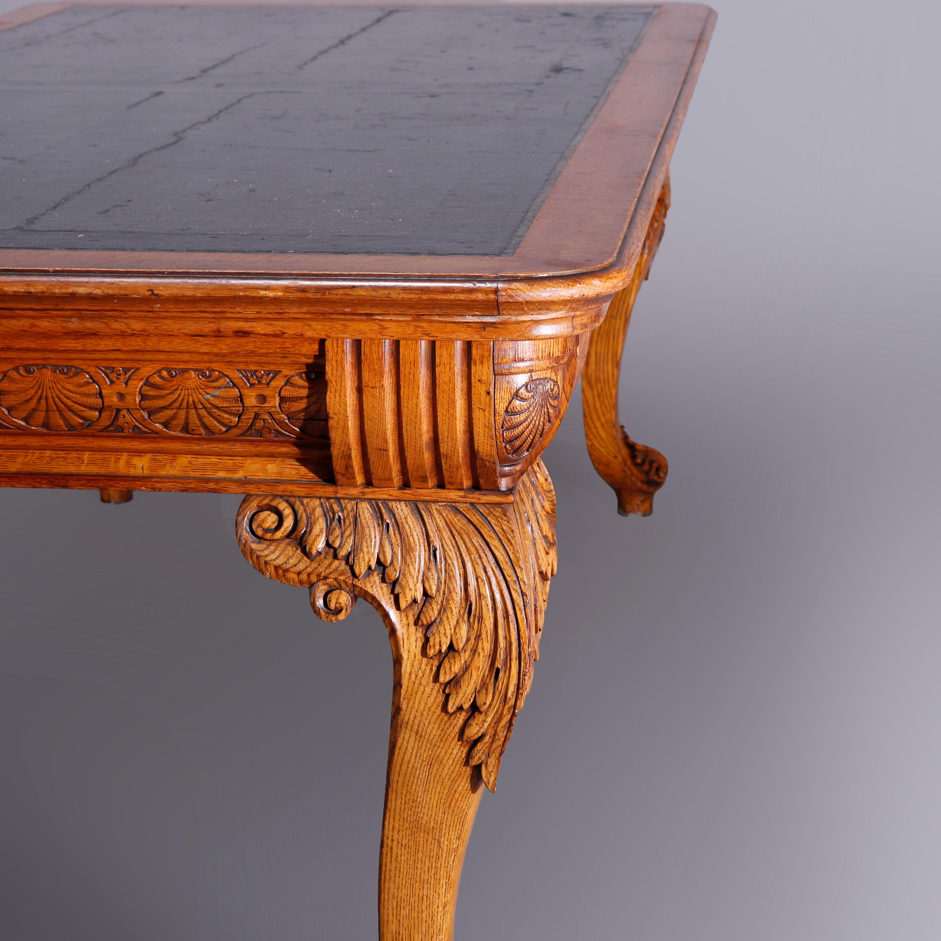 Large Antique RJ Horner School Carved Oak & Leather Top Conference Table, c1900 4