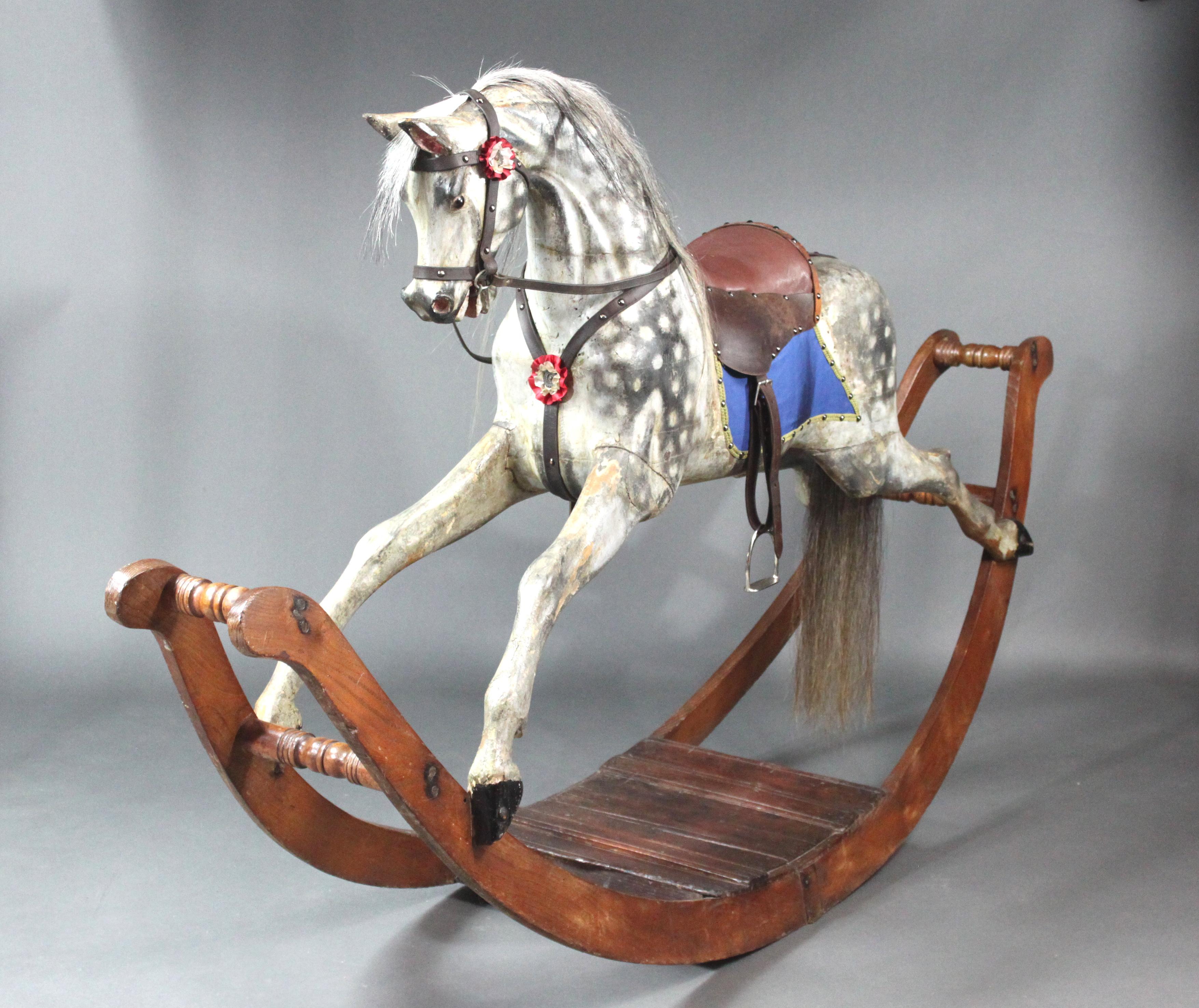 Carved Large Antique Rocking Horse on Curved Wooden Rockers by Lines Brothers