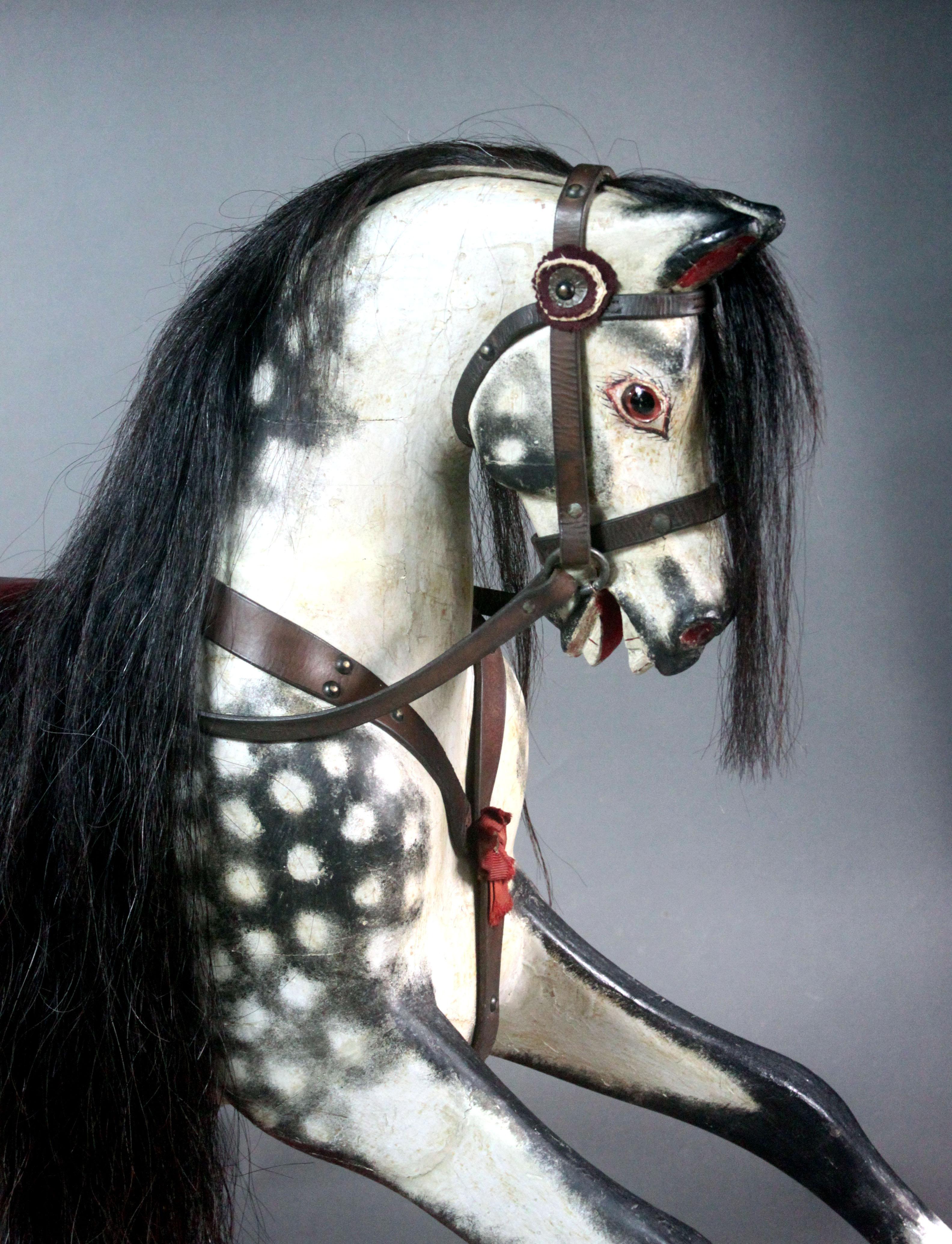 English Large Antique Rocking Horse on Curved Wooden Rockers For Sale