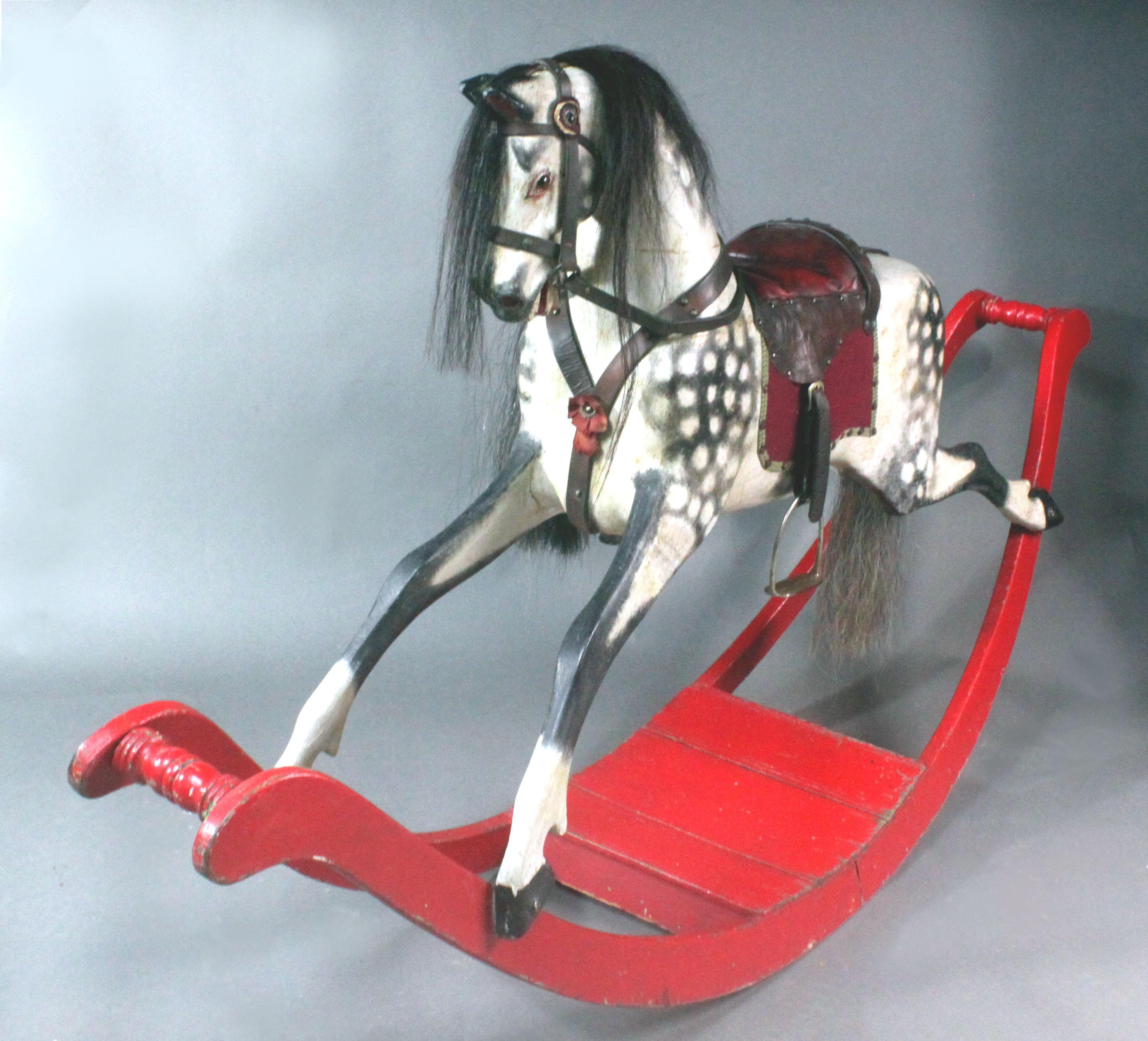 Large Antique Rocking Horse on Curved Wooden Rockers For Sale 1